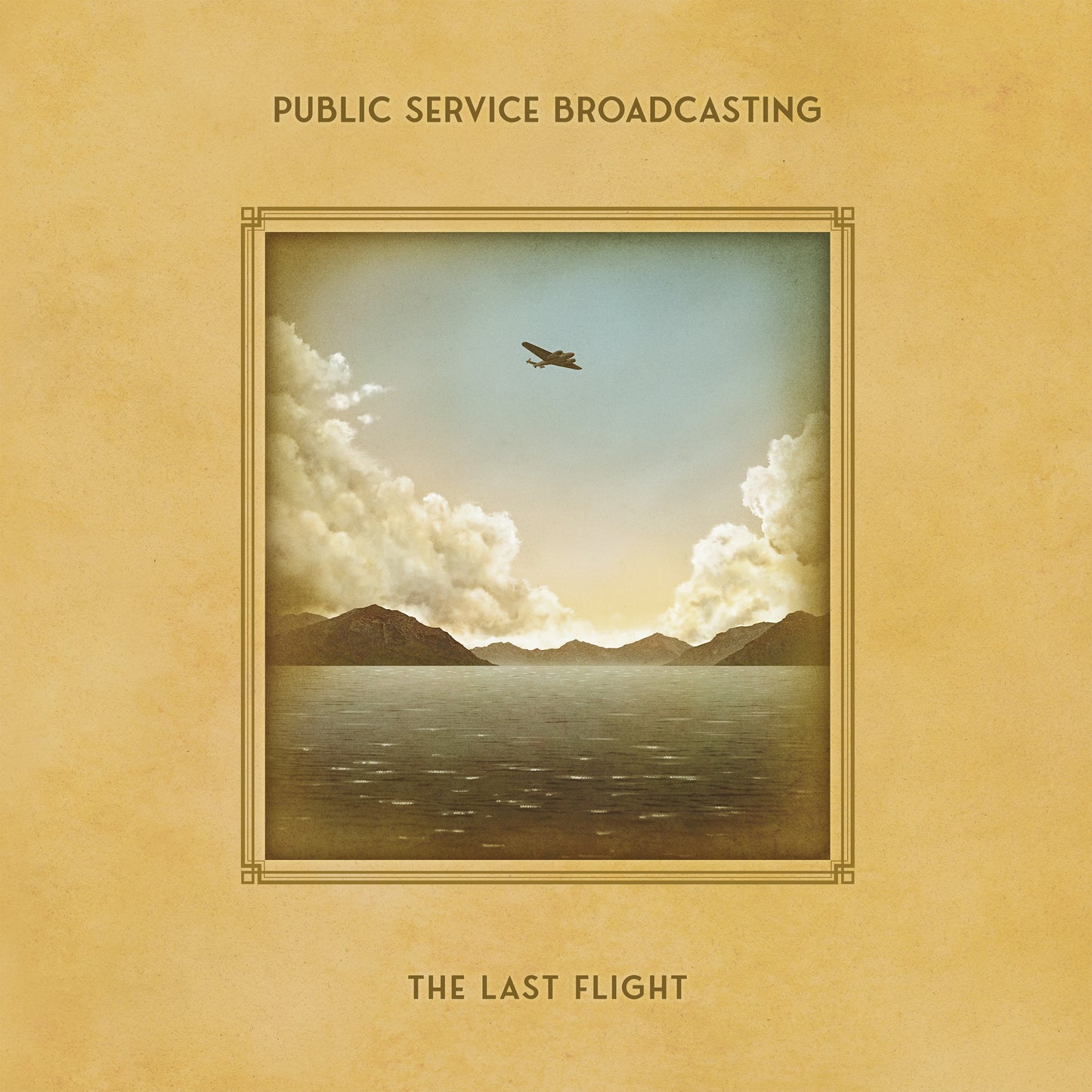 An airplane flies over a calm sea and mountains, framed in a vintage style.