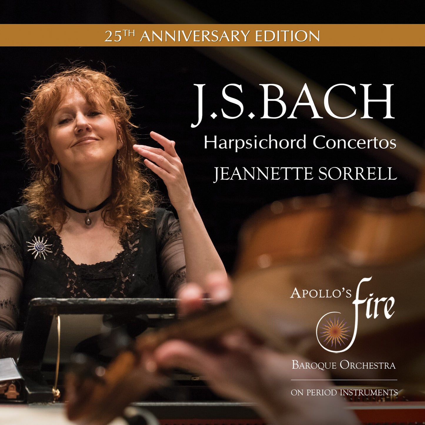 CD cover: Jeannette Sorrell at a harpsichord, text “J.S. Bach.”