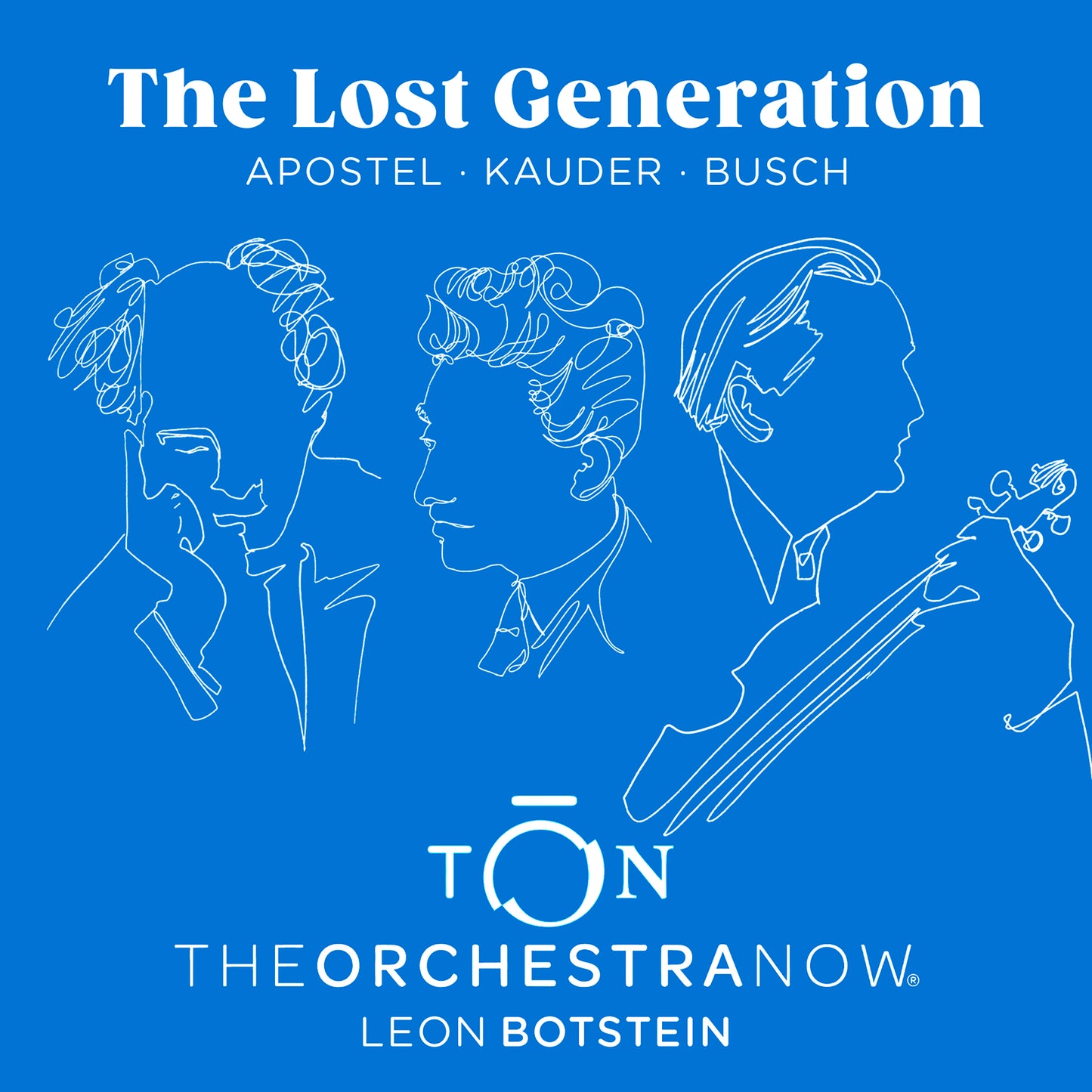 CD cover with white line art portraits of musicians and instruments.