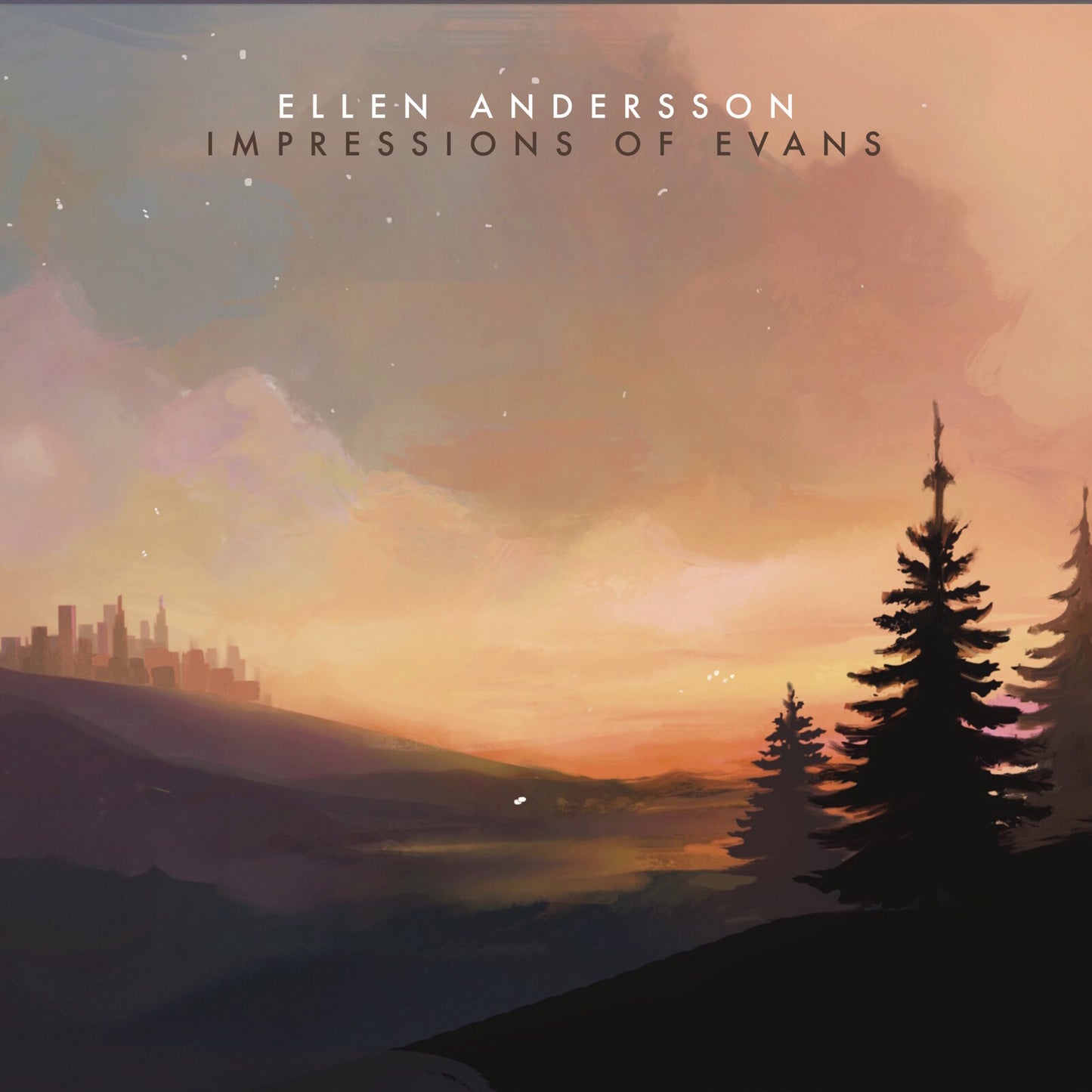 CD cover: painted landscape with city skyline and silhouetted trees.