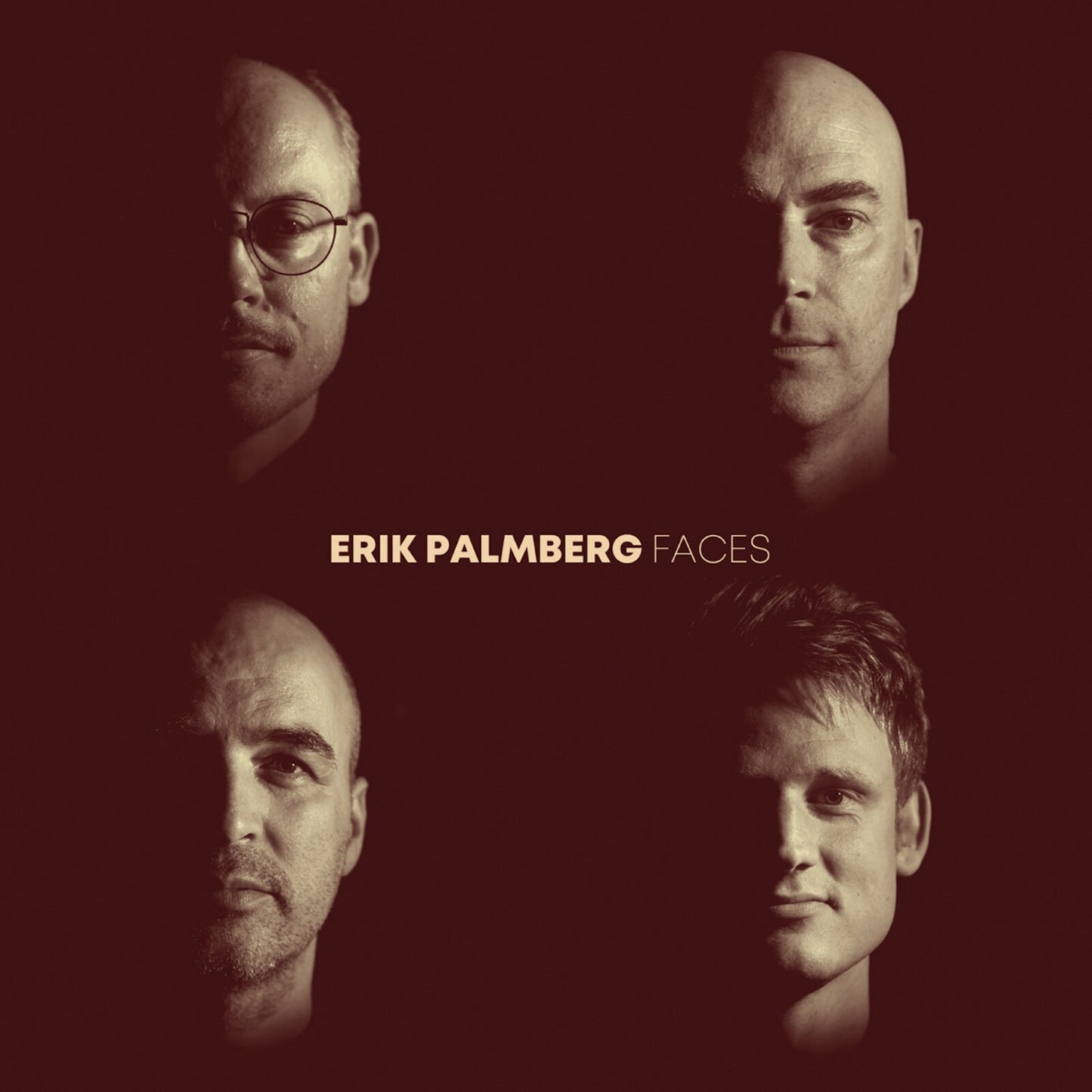 Four shadowed portraits of men on a dark red background.