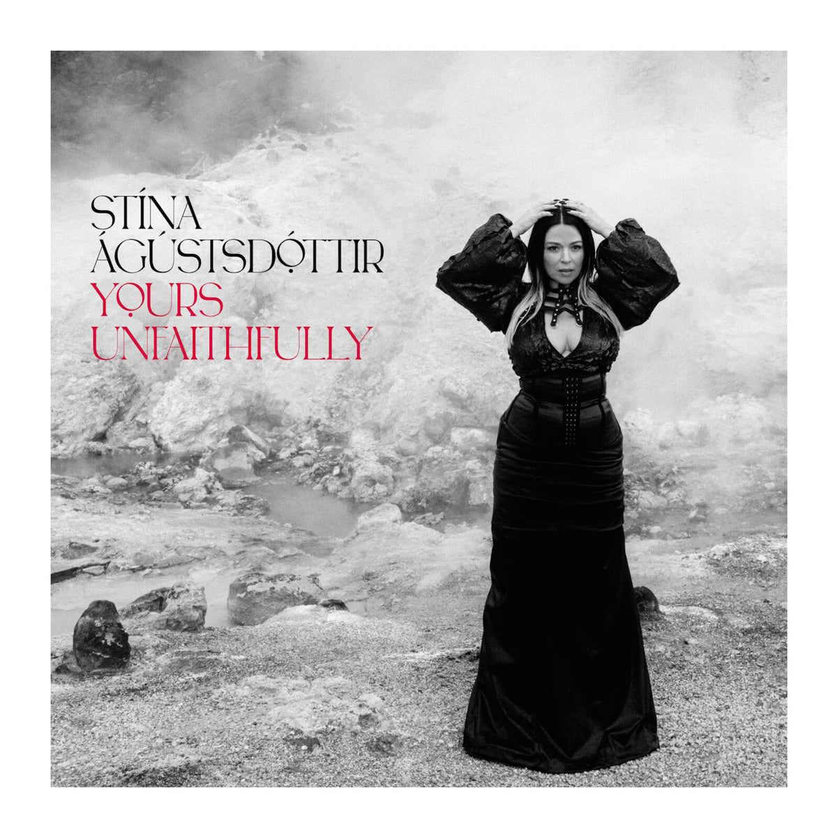 Black and white album cover featuring Stína Agustsdóttir in a dark dress.