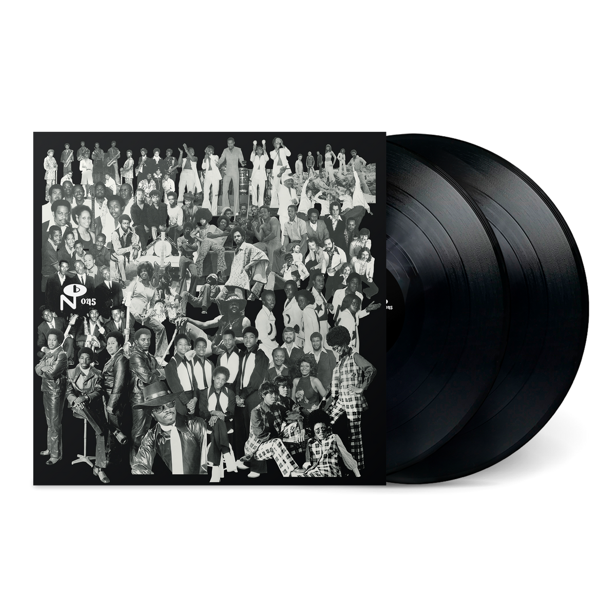 Black vinyl record with album cover featuring a collage of people.