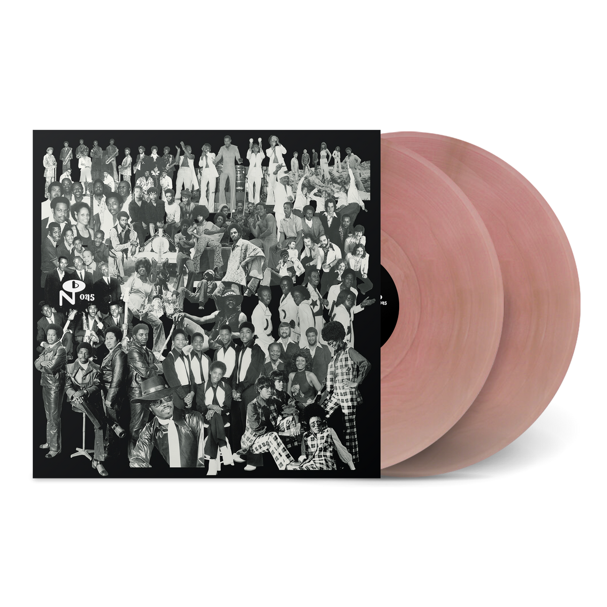 Pink vinyl record with black and white cover featuring a large group portrait.