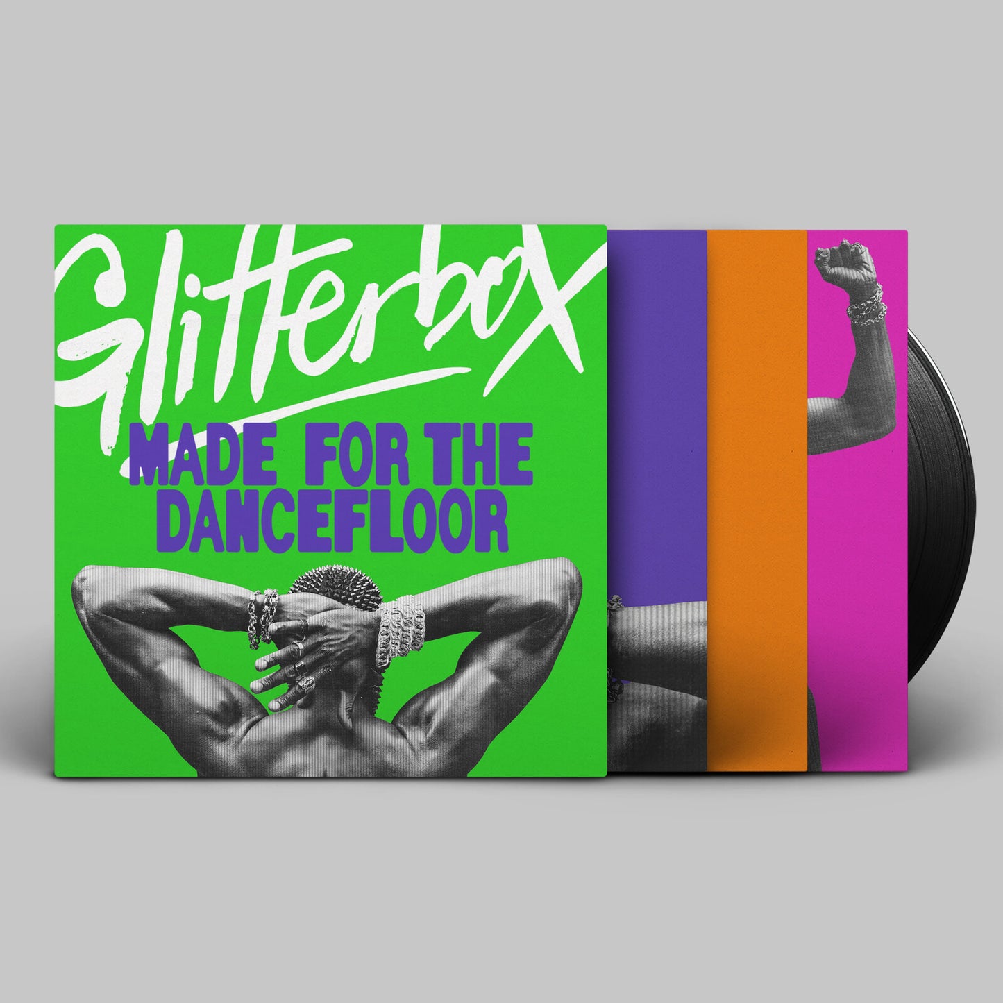 Vinyl record cover with green background, white Glitterbox logo, and black and white photography.