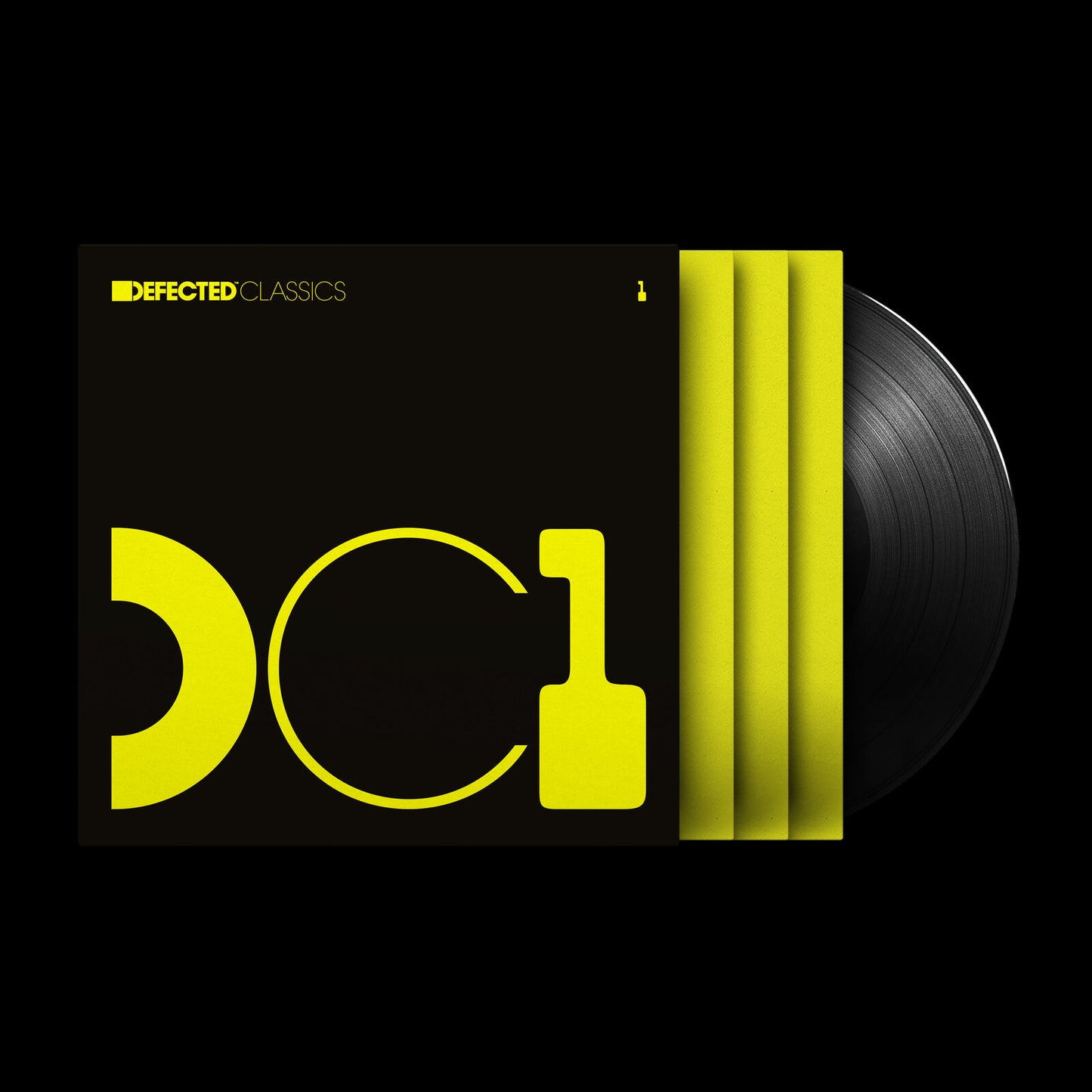 Defected Classics Vol. 1 vinyl record set with black cover and bold yellow graphics.