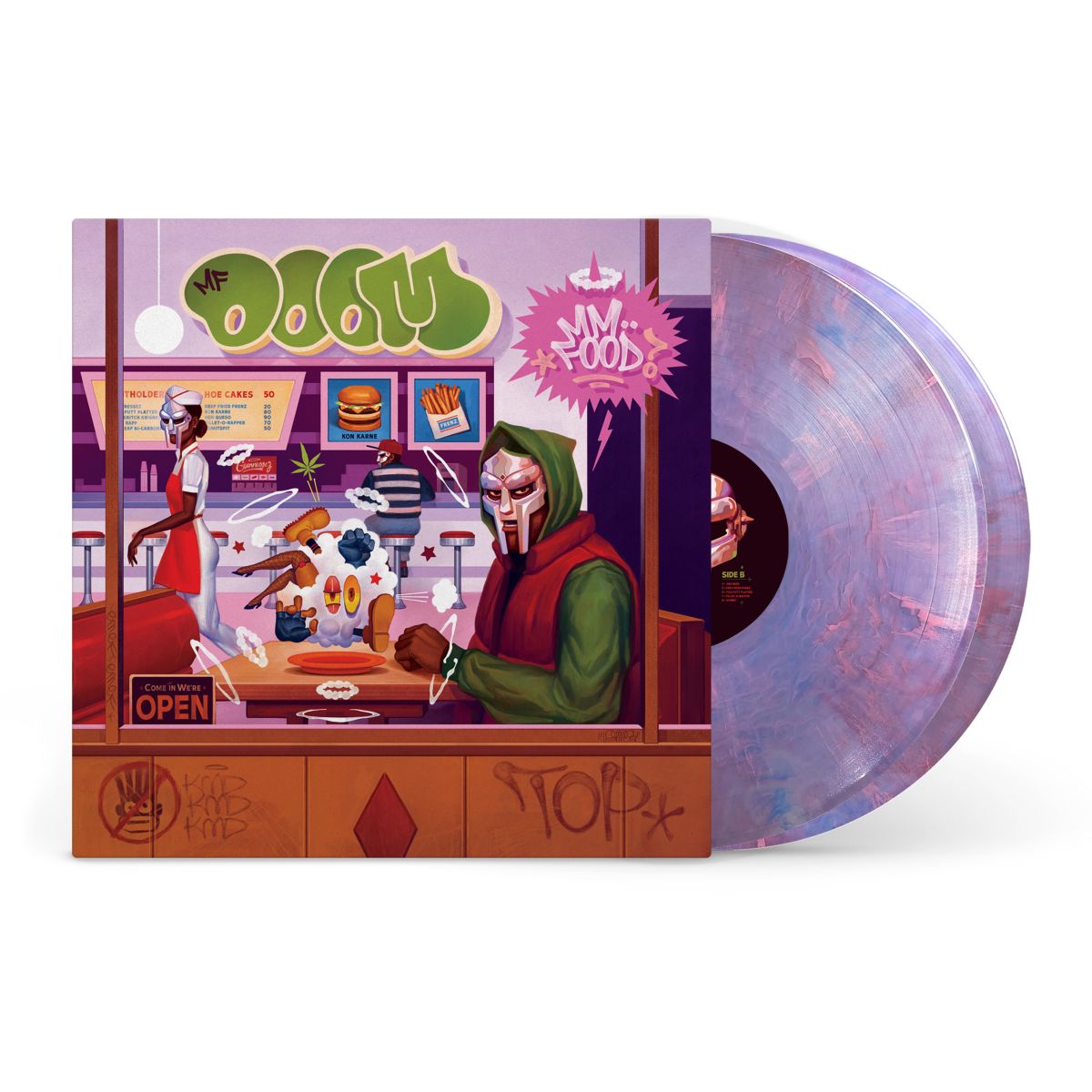 MF DOOM MM.. FOOD vinyl record cover art with a purple marbled vinyl disc.