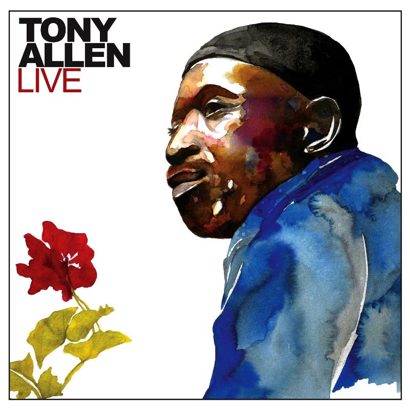 Painted portrait of Tony Allen with a red flower, album cover.