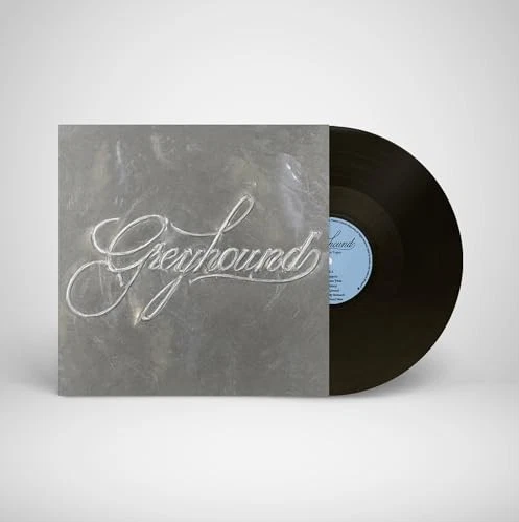 Vinyl record of Katie Tupper’s “Greyhound” with silver lettering on cover.