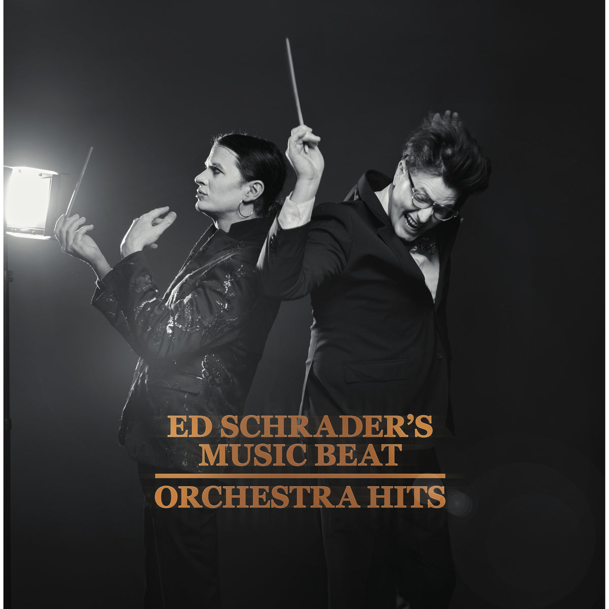 Black and white album cover featuring two conductors with text.