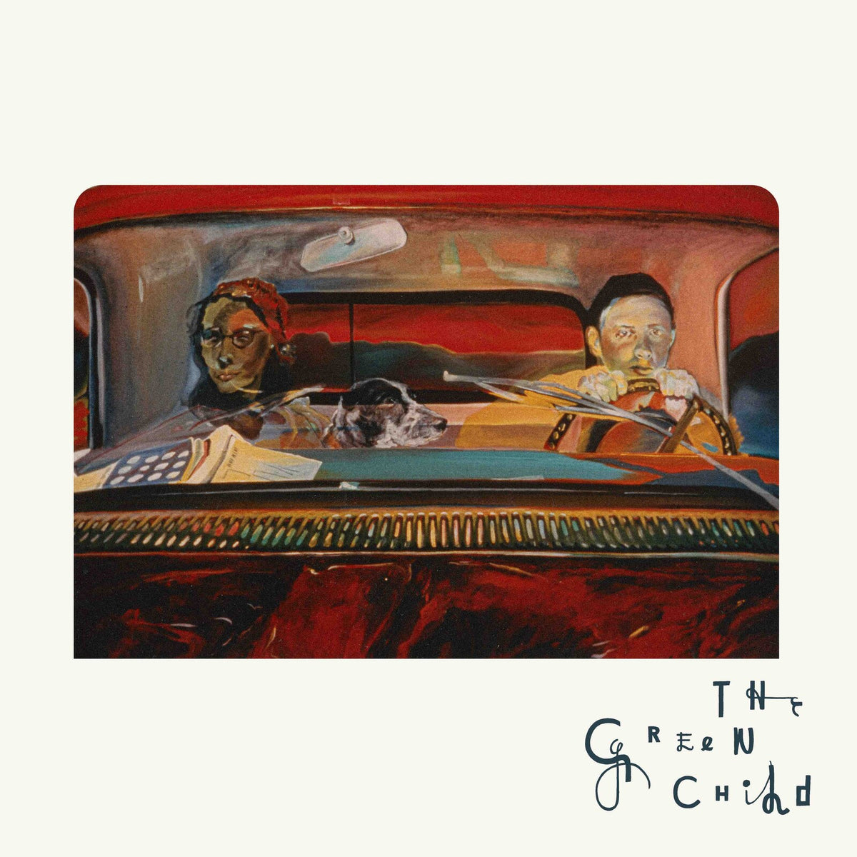 Painting of people and a dog inside a vintage car’s dashboard.