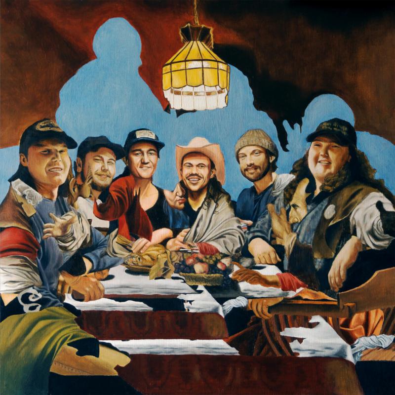 Painting of six men at a table, styled after "The Last Supper.