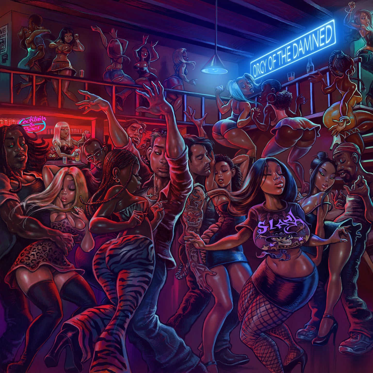 Painted album cover depicting a crowded, lively nightclub scene with dancers.