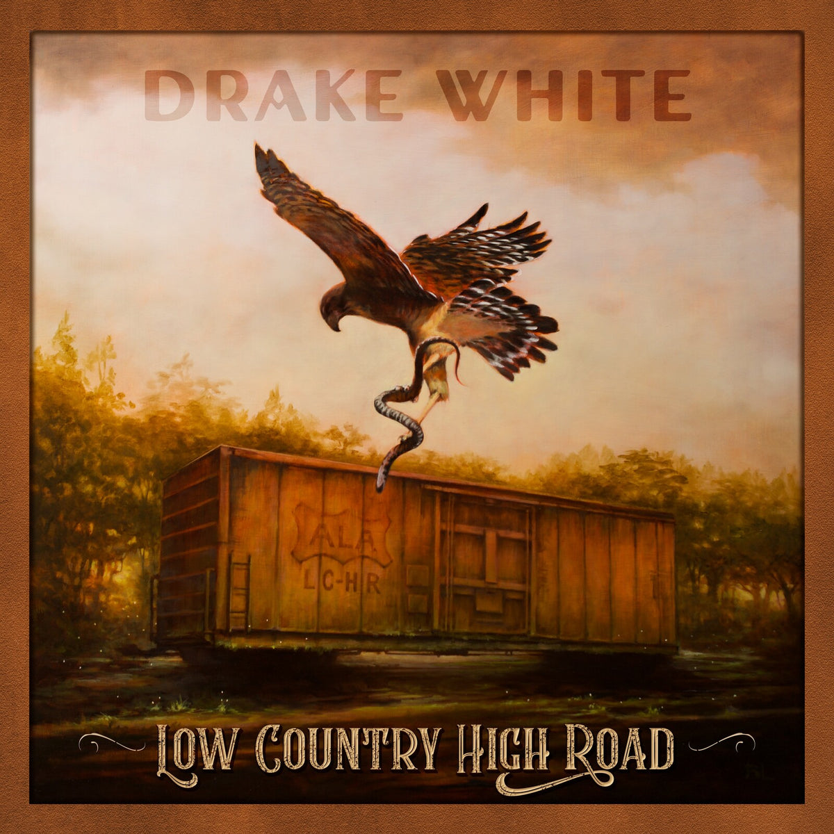 CD cover: Drake White's "Low Country High Road" with a hawk and train car.