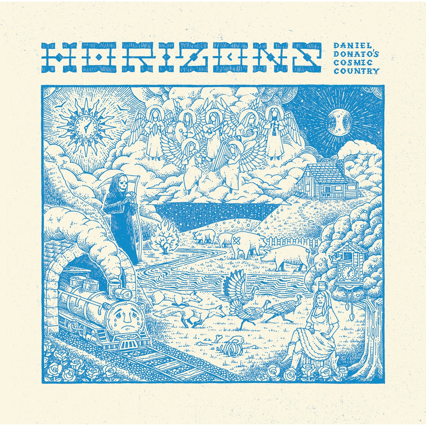 Blue illustrated album cover for Daniel Donato’s “Horizons” vinyl record.
