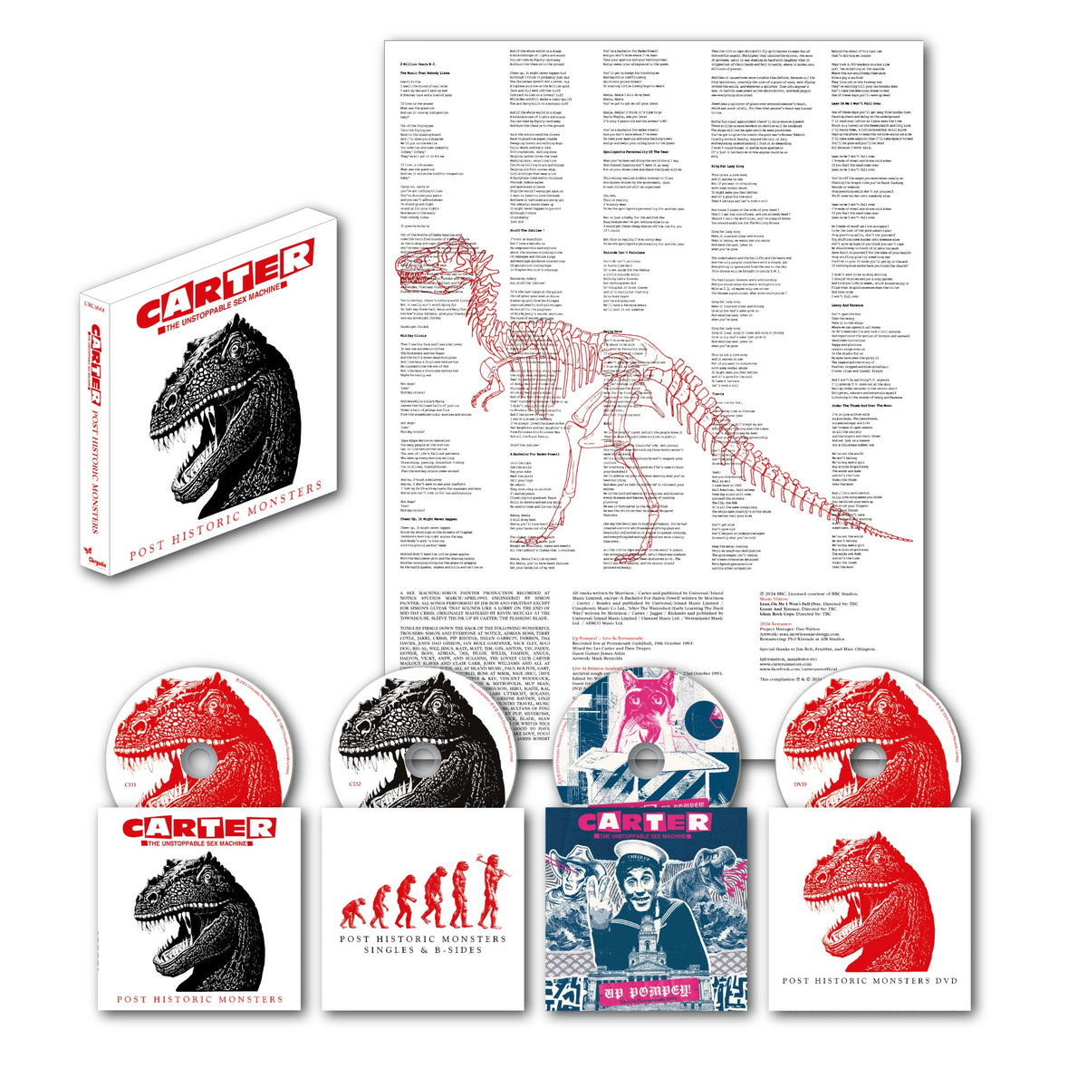 CD release “Post Historic Monsters” with dinosaur imagery and tracklist details.