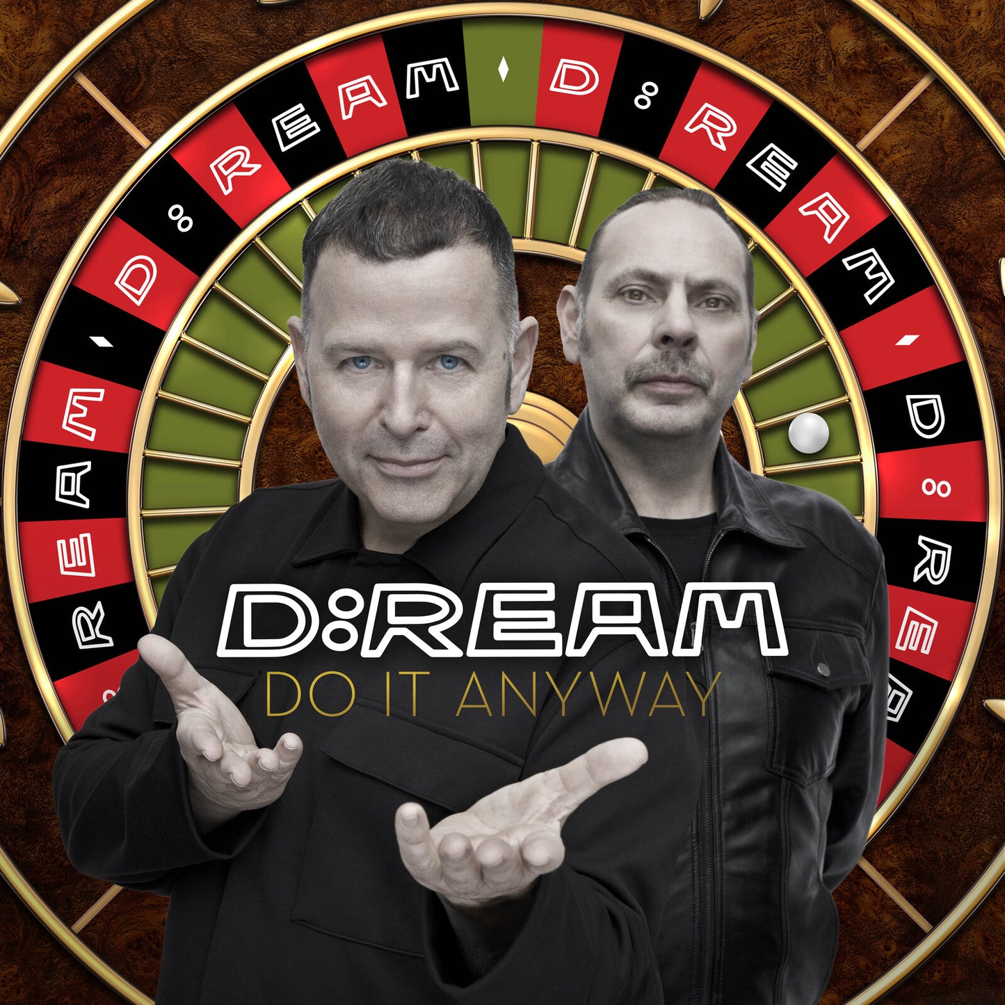 Two men in front of a roulette wheel with album title text.