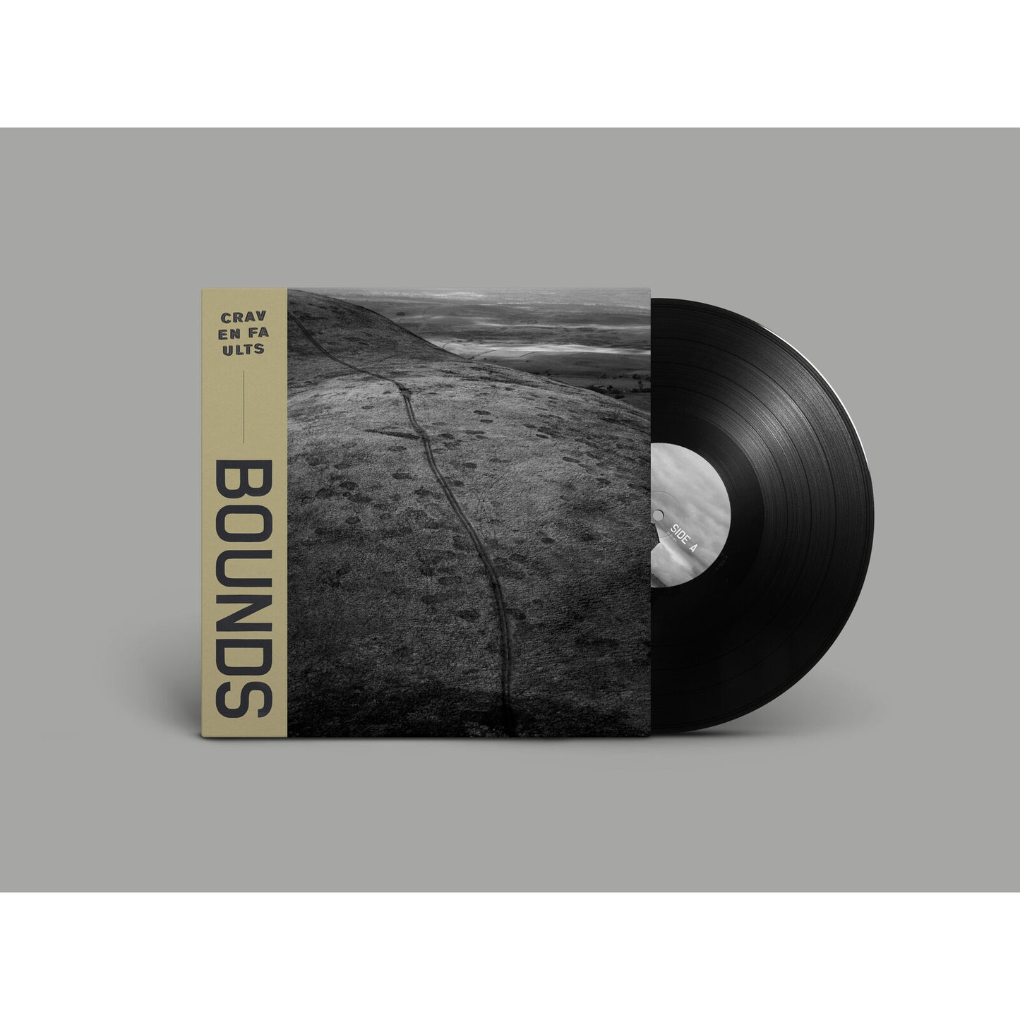 Vinyl record and cover featuring a black and white landscape with tan text accents.