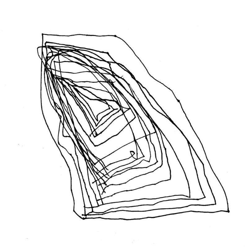Abstract black line drawing resembling stacked, layered shapes on white.