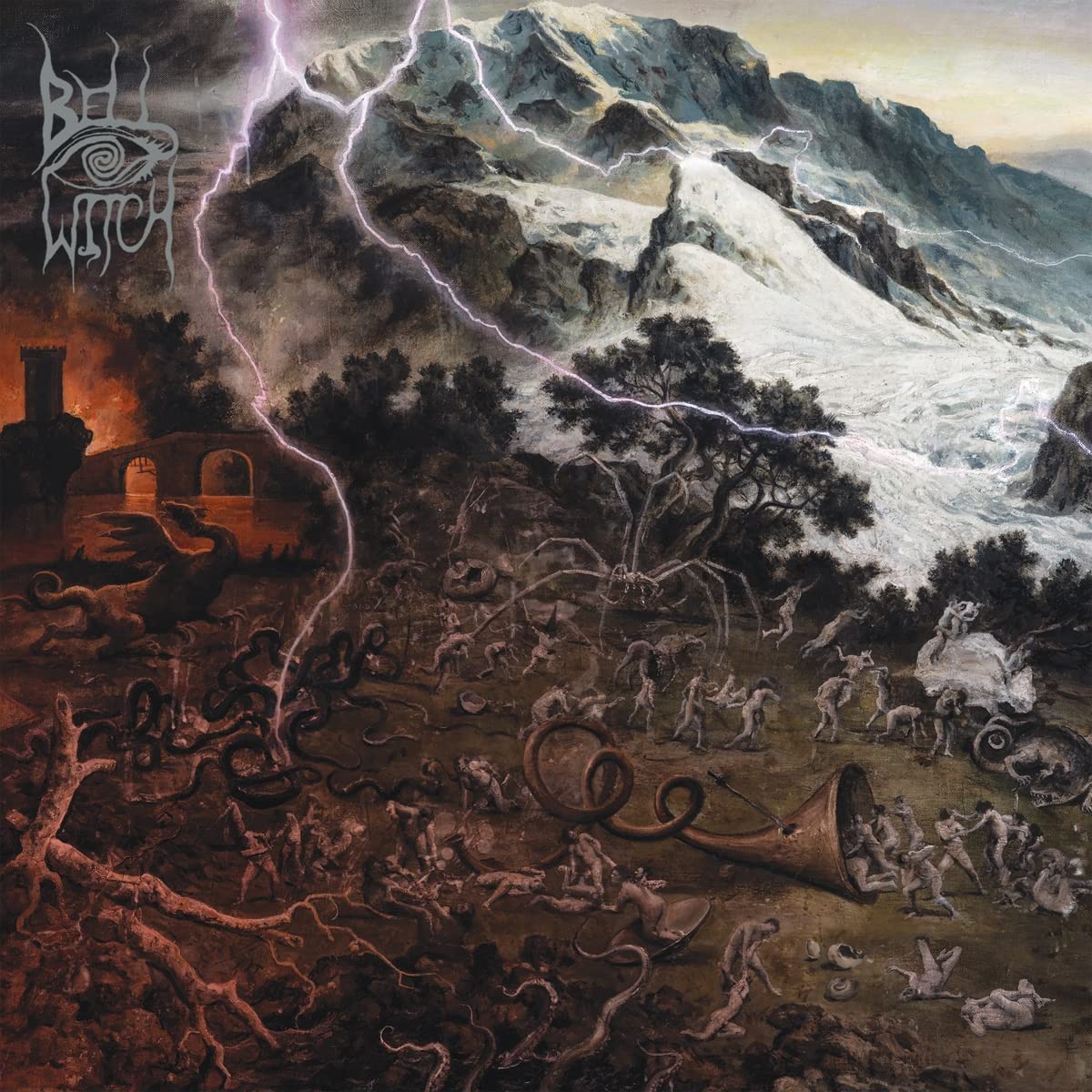 Dark fantasy painting of a stormy landscape with figures and structures.