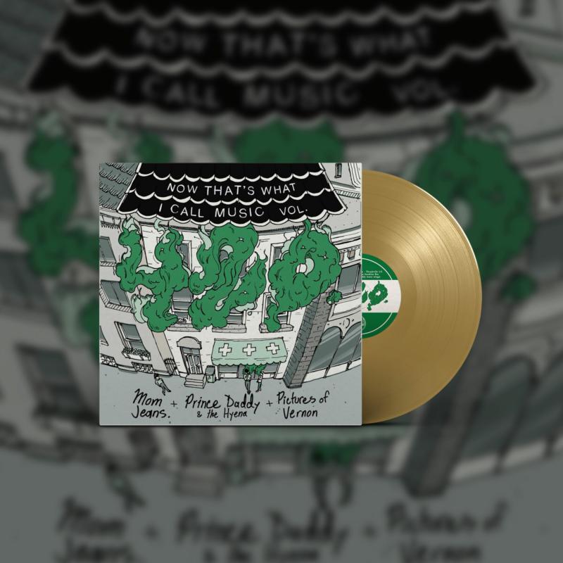 Vinyl record with illustrated cover depicting a building and plus signs.