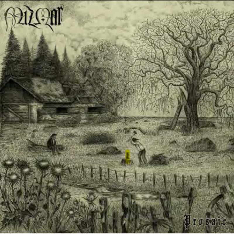 Black and white album cover depicting a rustic landscape and small figures.