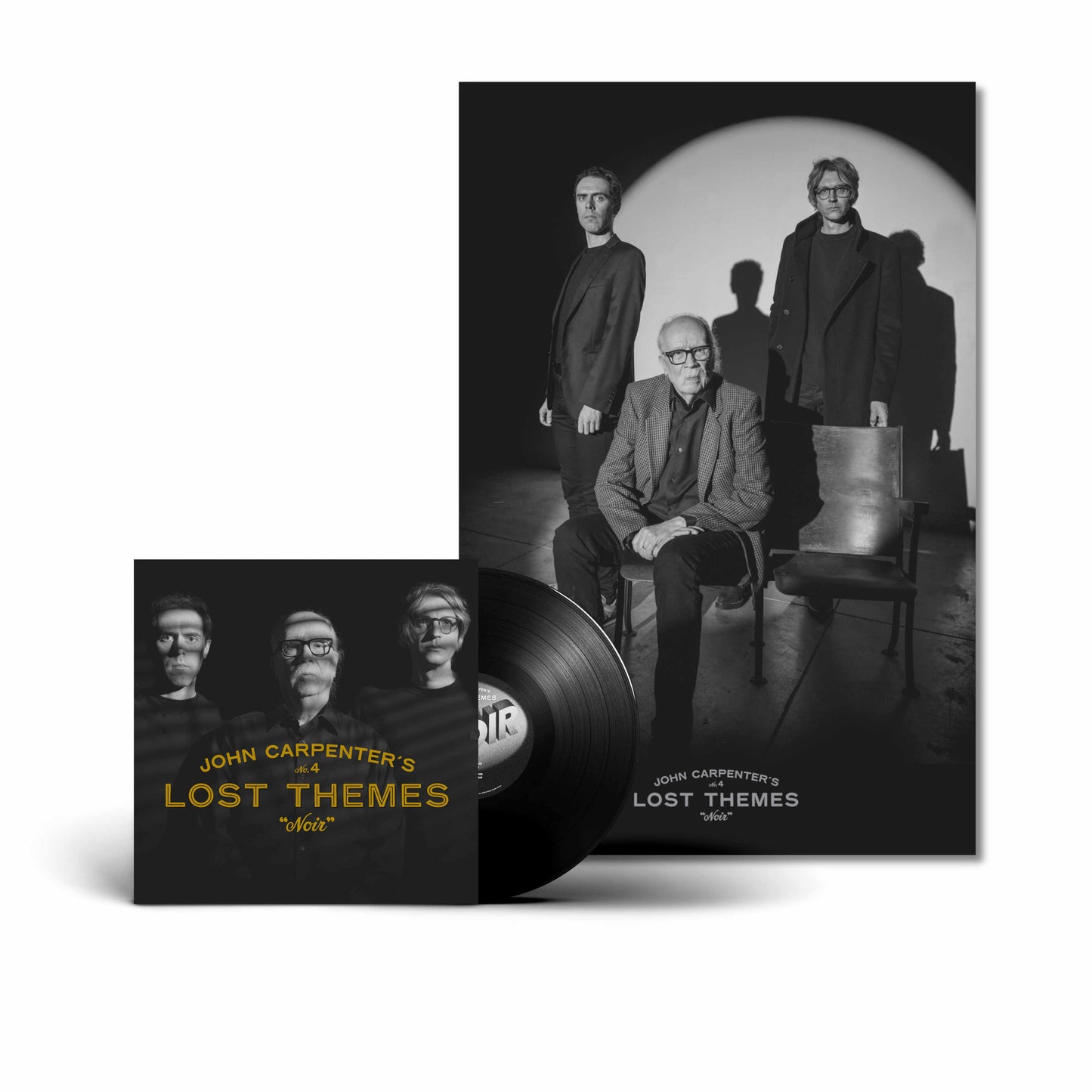 Black vinyl record and cover art featuring John Carpenter and musicians.