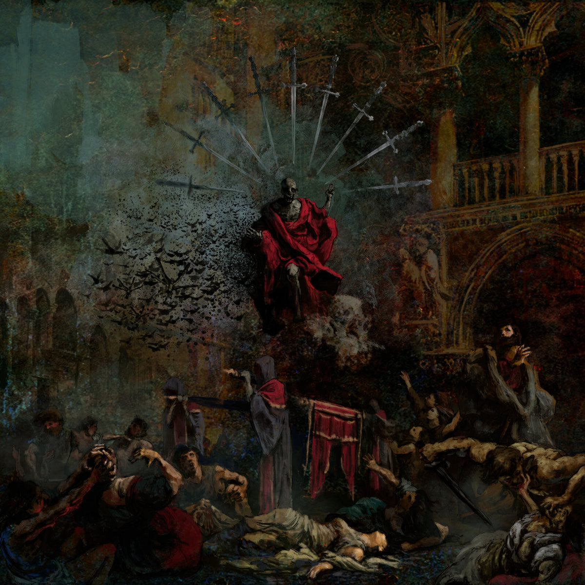 Dark, textured painting of a skeletal figure on a throne with a crowd.
