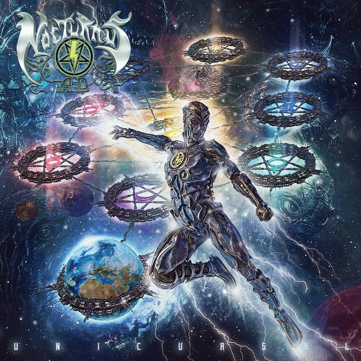Album cover: robotic figure amidst planets and glowing, circular structures.