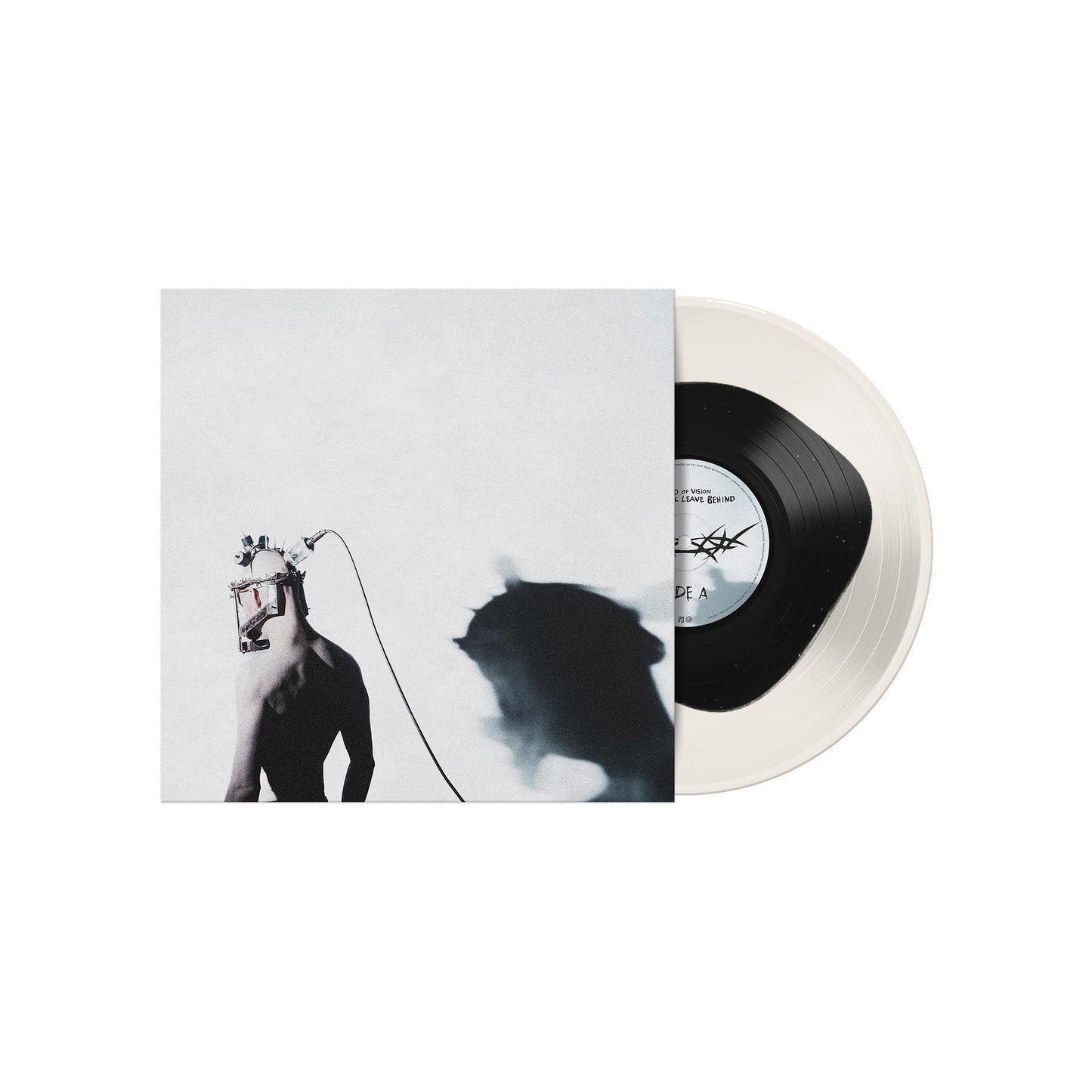 Vinyl record with album cover featuring a shadowy figure and machinery.