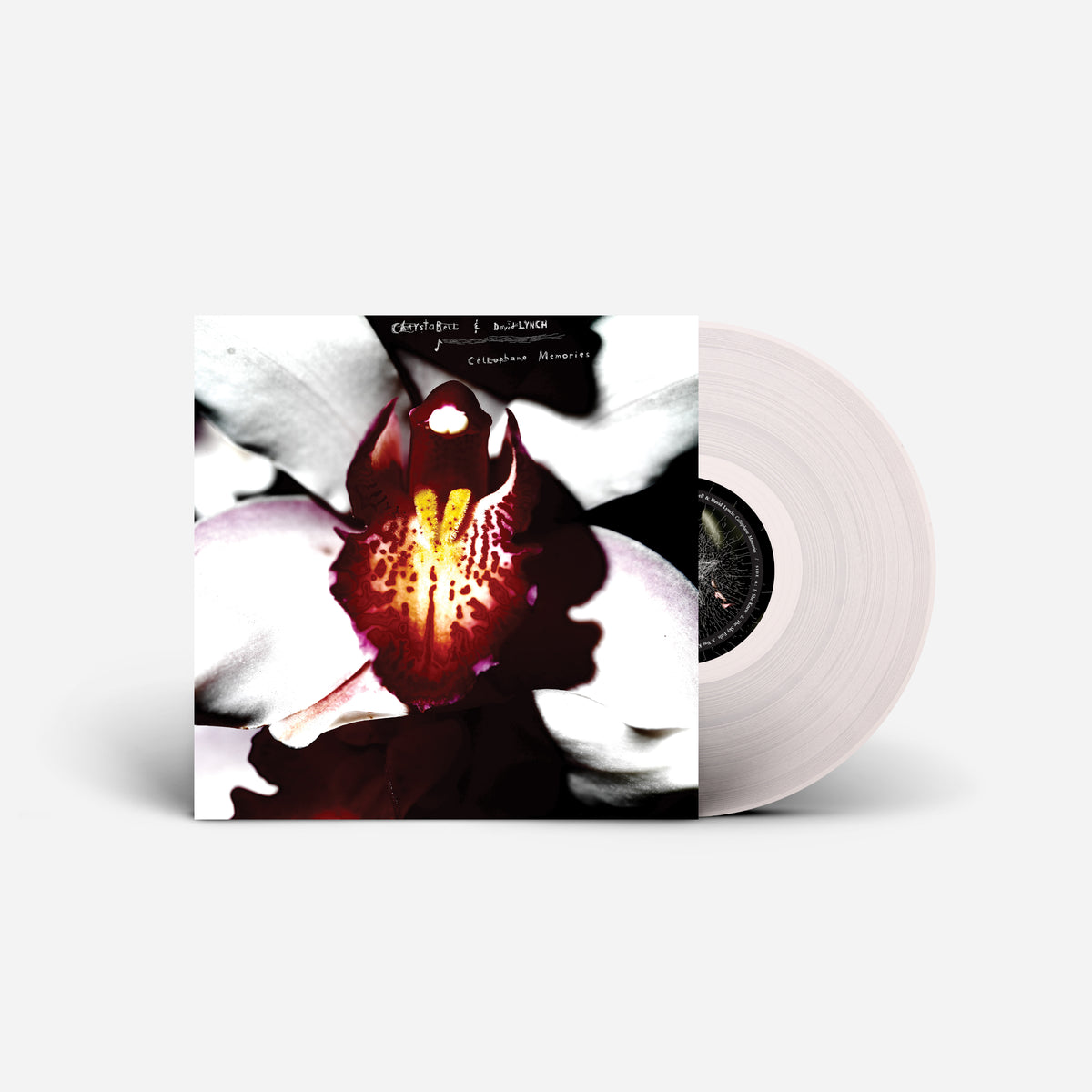 Vinyl record with a close-up of a flower and shadowy face.