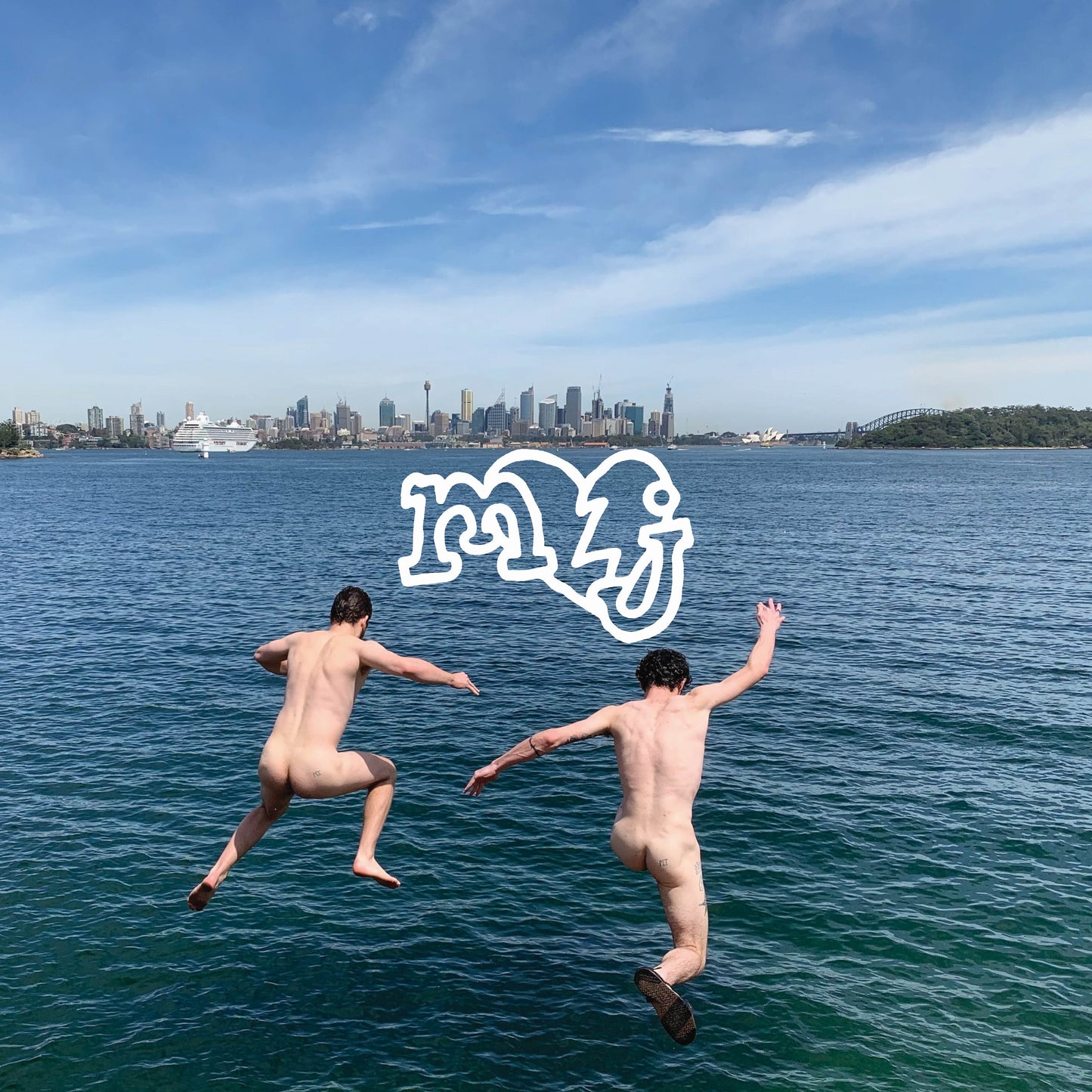 Vinyl album cover: two figures jumping into blue water with city skyline.