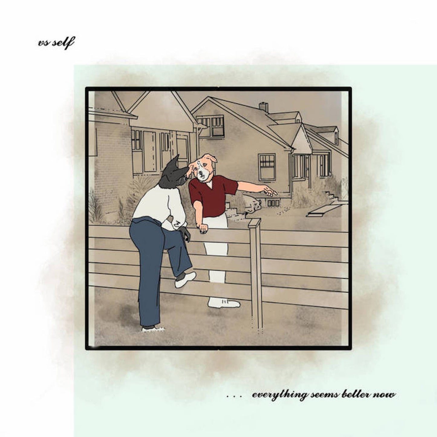 Two anthropomorphic dogs talking over a wooden fence in front of suburban houses.