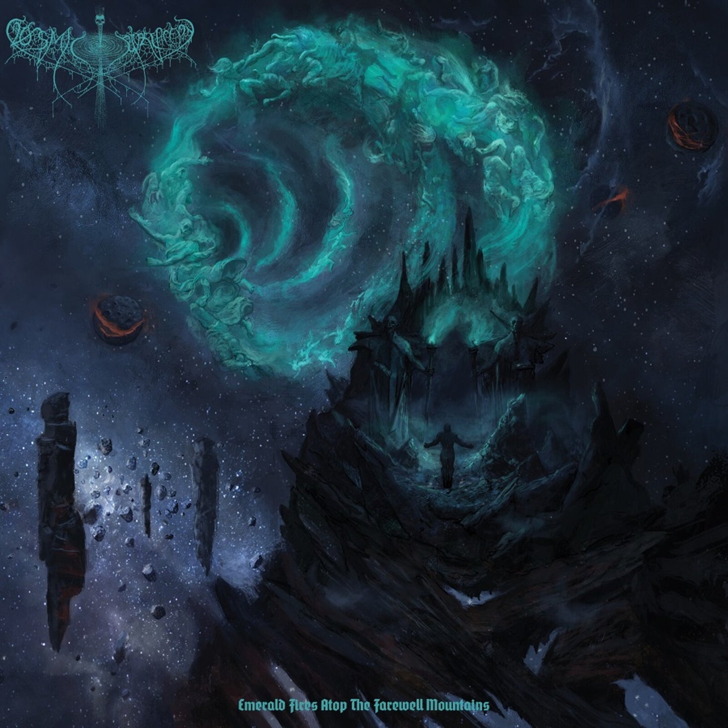 Dark fantasy album cover with a castle, swirling green energy, and stars.