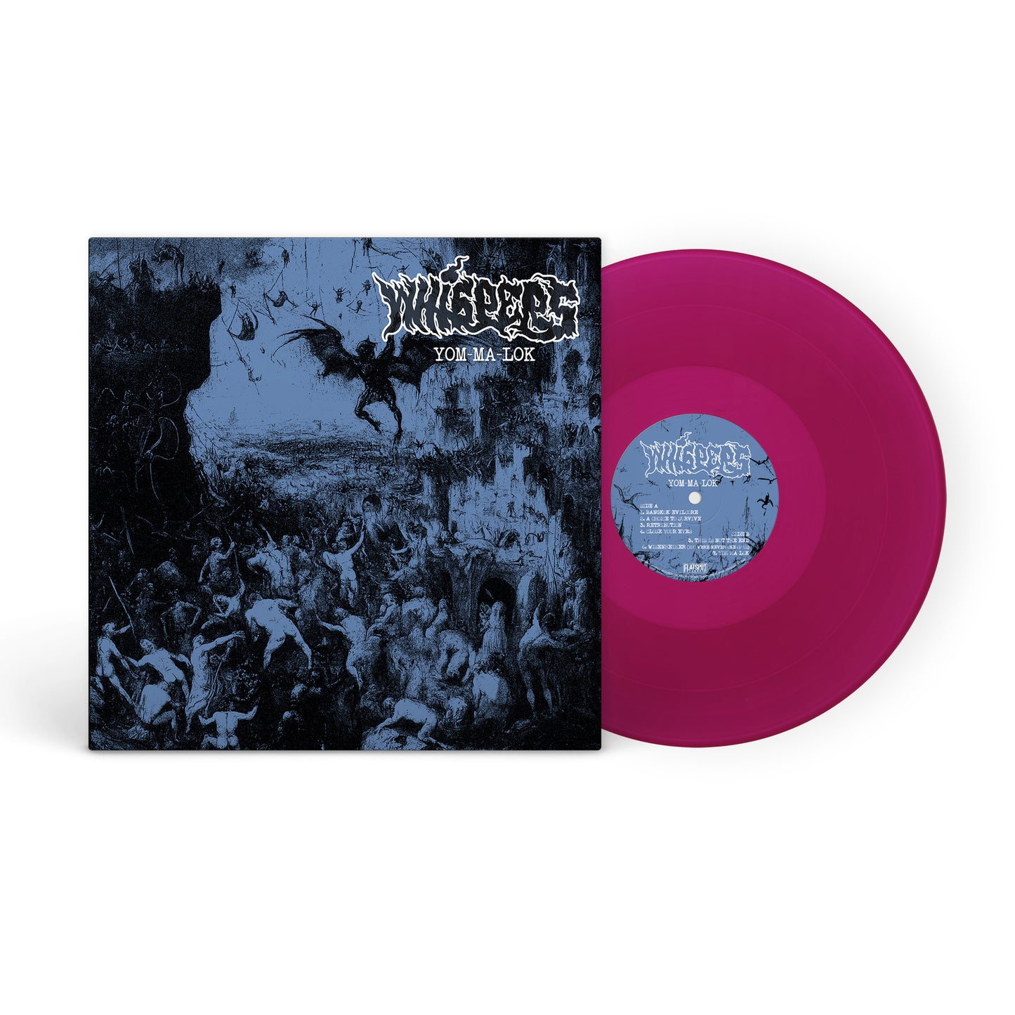 Purple vinyl record with dark, illustrated album cover depicting a battle scene.