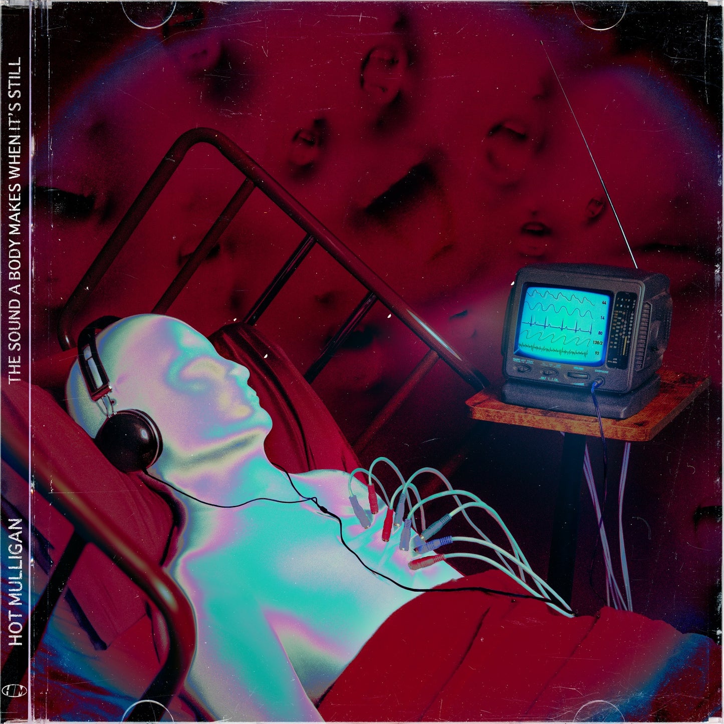 Album cover depicting a person connected to medical equipment, teal and red tones.