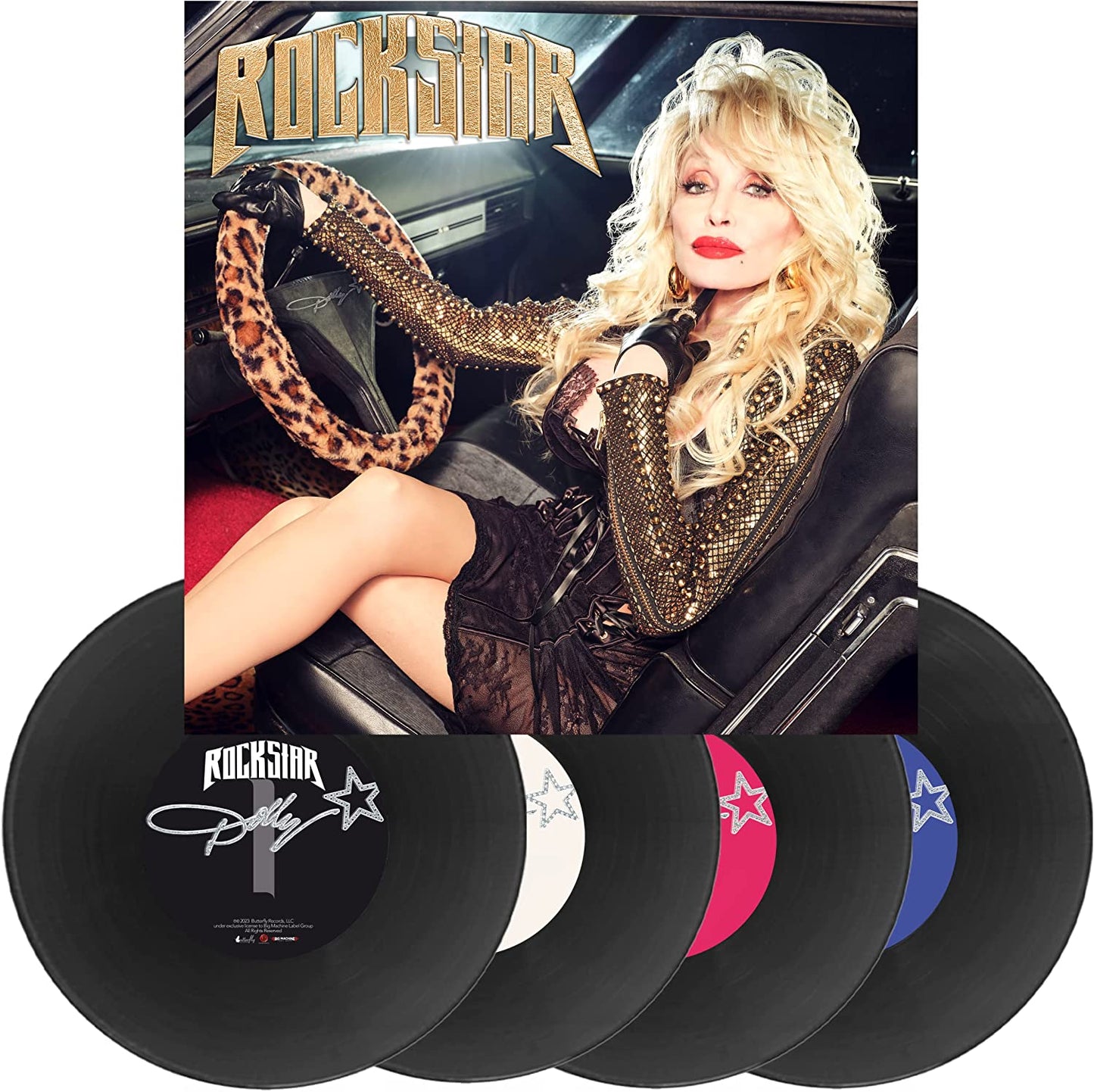 Dolly Parton “Rockstar” vinyl 4LP set with album cover and records.