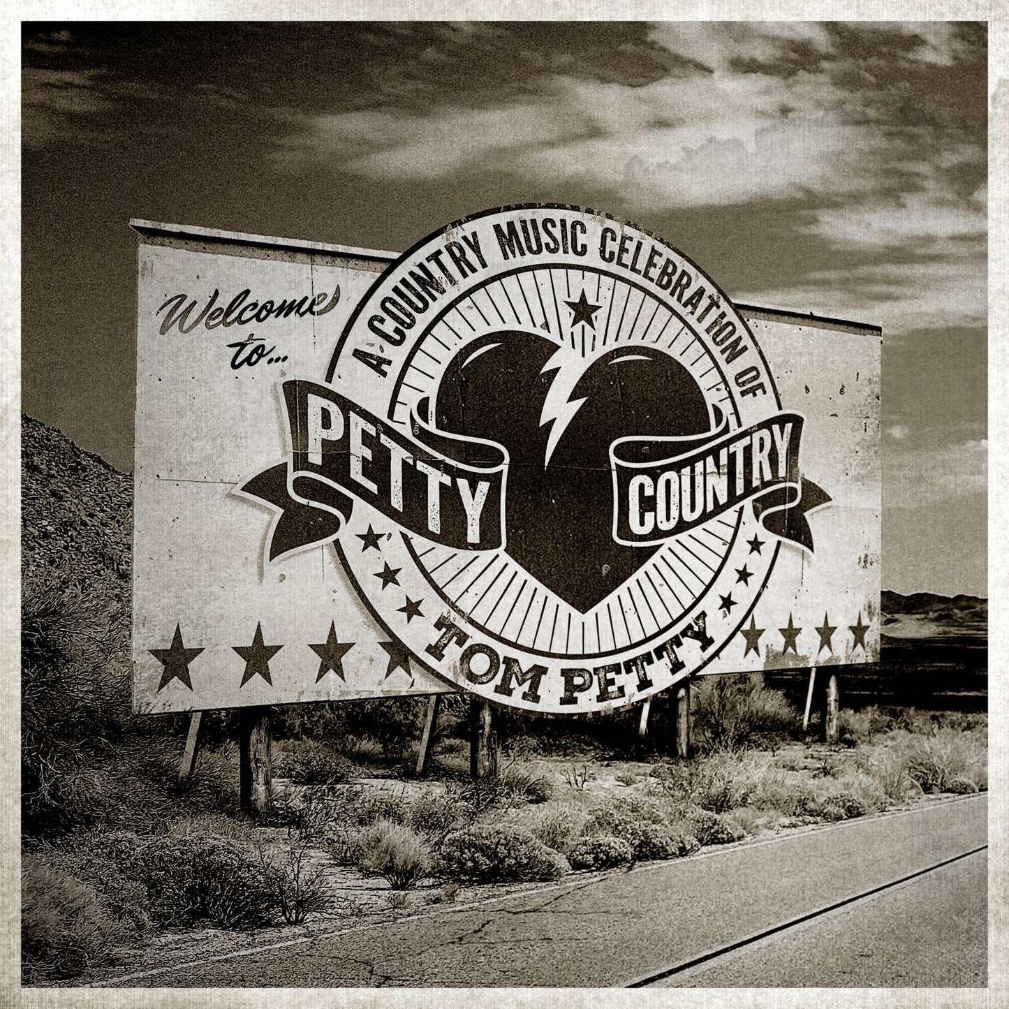 Black and white album cover for “Petty Country” with a highway billboard design.