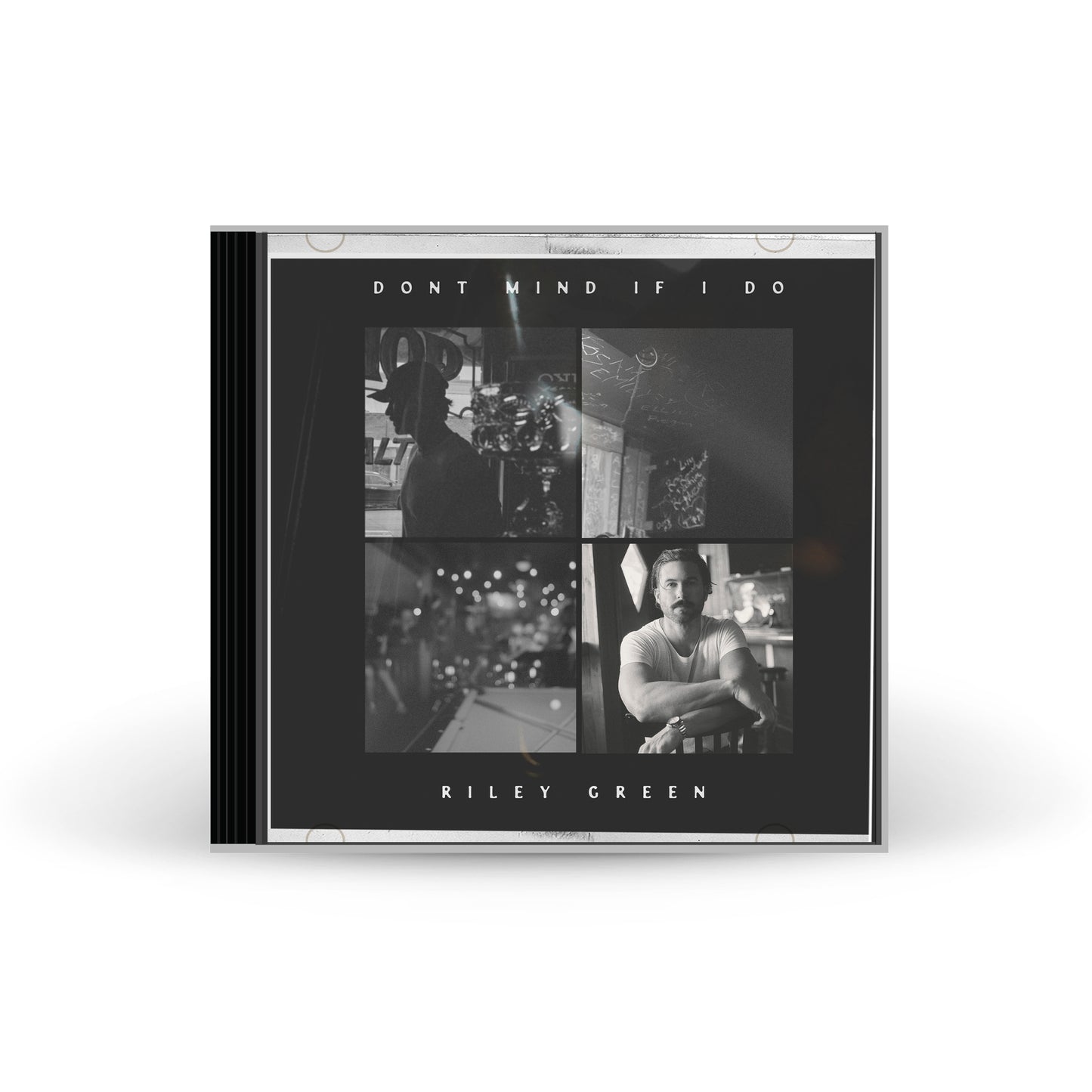 Black CD case with four black and white photos and white text.