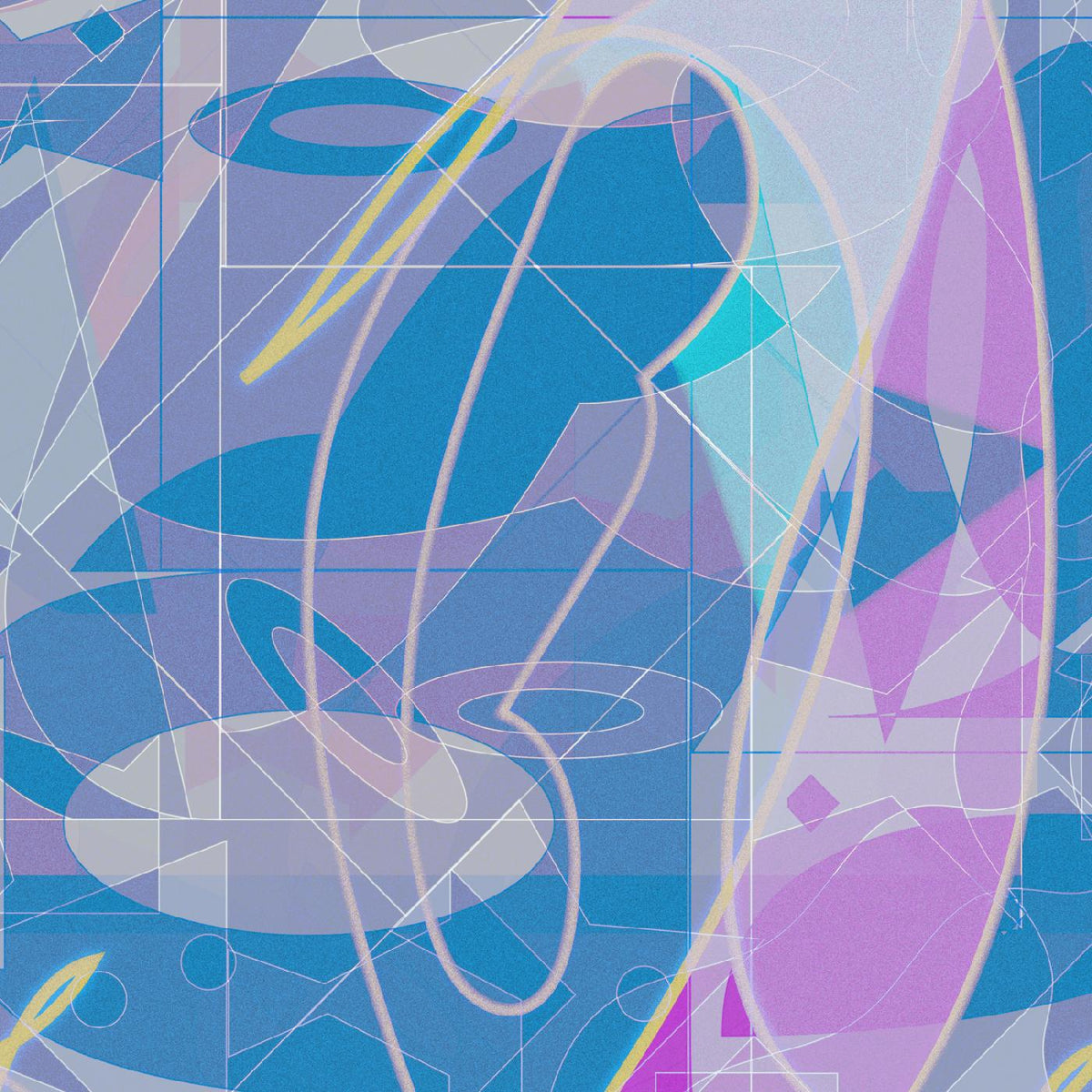 Abstract album cover with blue, purple, and white geometric shapes.