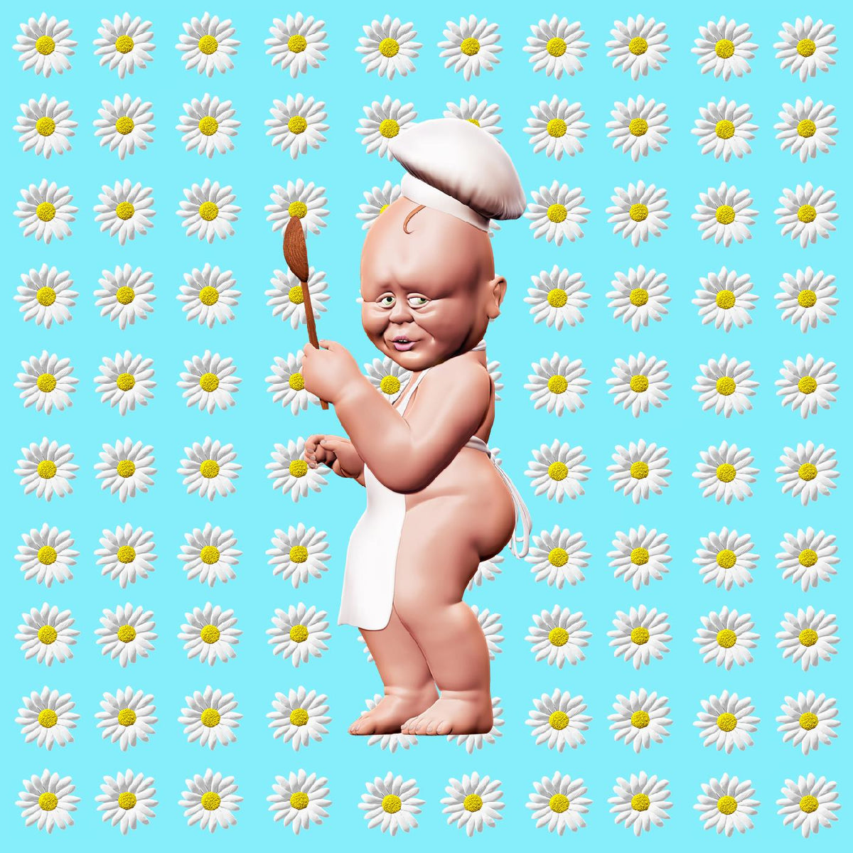 3D rendering of a baby with a chef’s hat, daisies background.