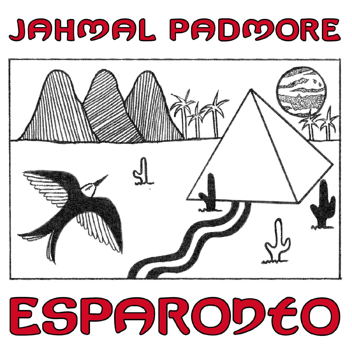 Black and white illustration of mountains, bird, cacti, and moon.