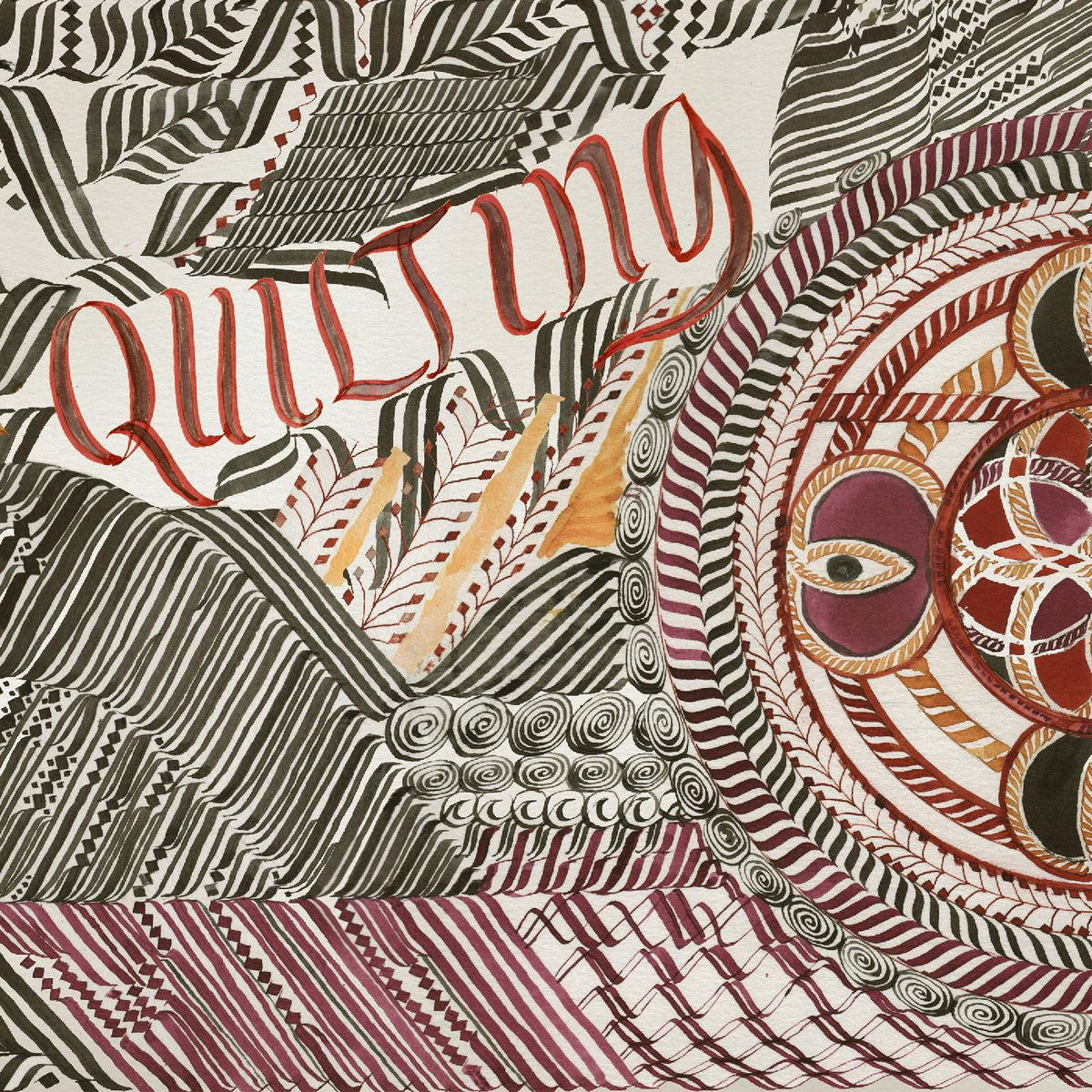 Abstract illustration with the word "Quilting" and eye-like circular design.