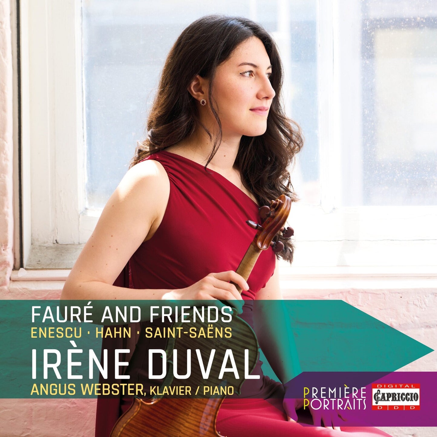 CD cover featuring violinist Irène Duval in a red dress.