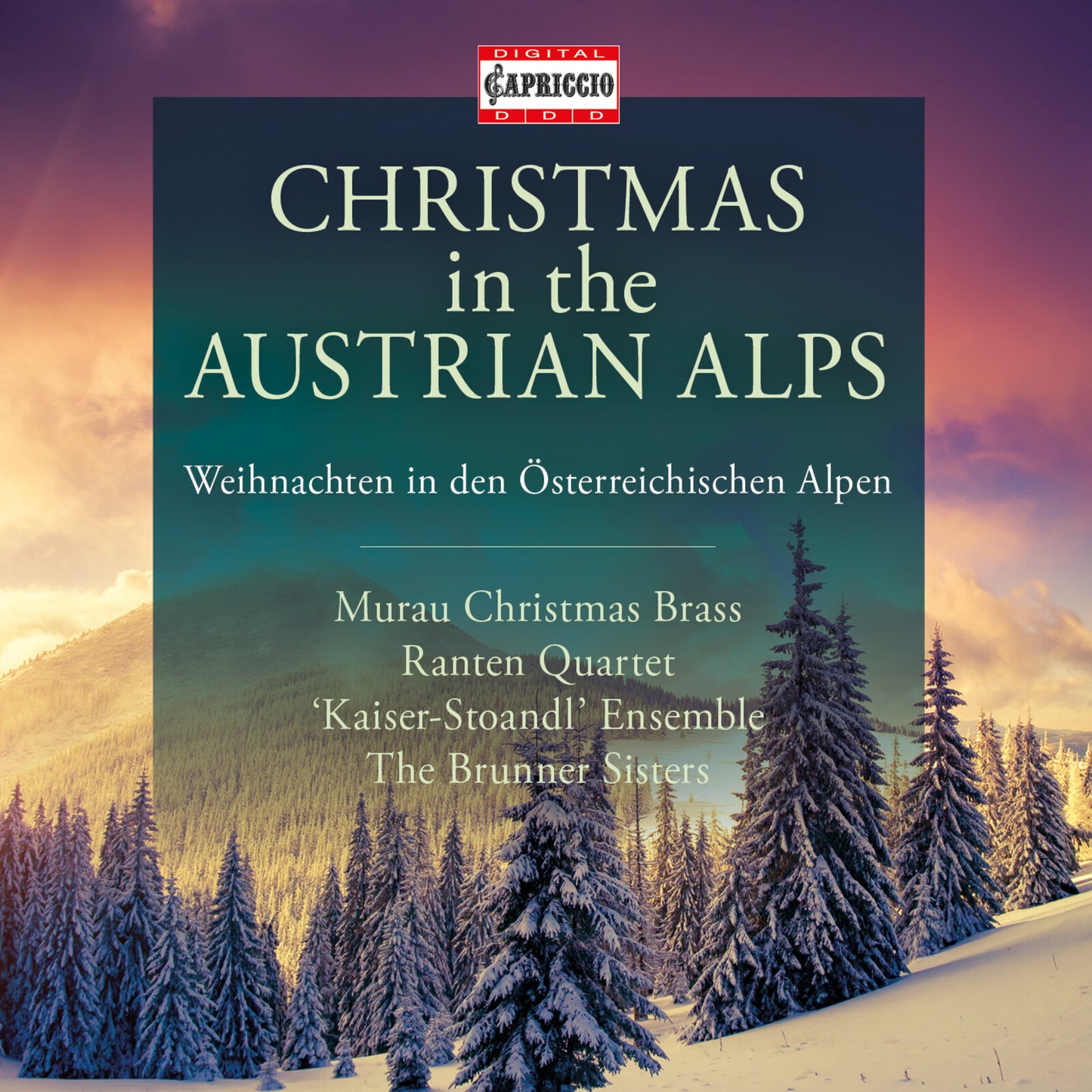 CD cover for “Christmas in the Austrian Alps” with snowy mountains.