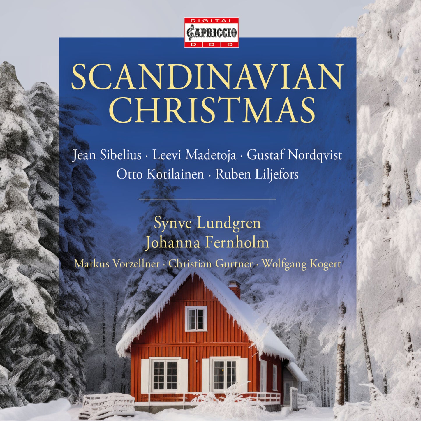 CD cover for "Scandinavian Christmas" featuring a snow-covered red house.