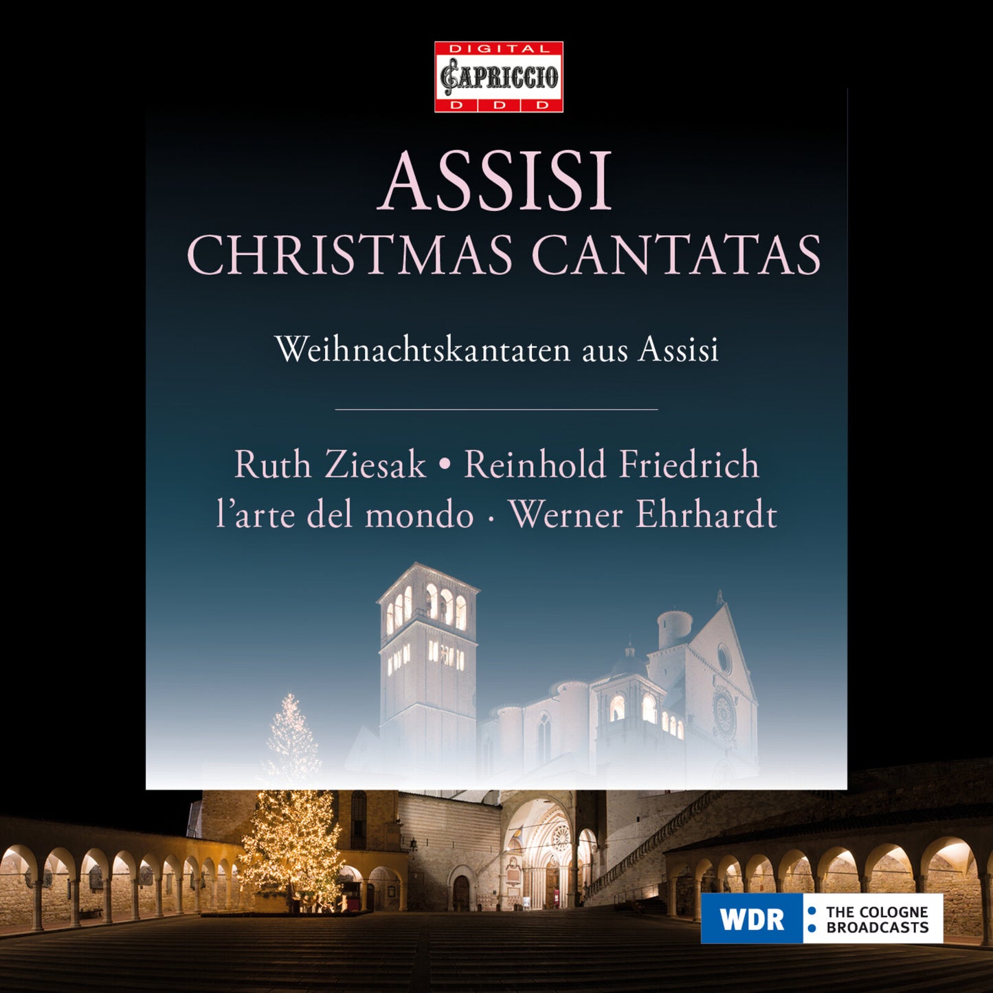 CD cover for "Assisi Christmas Cantatas" featuring a lit church facade.
