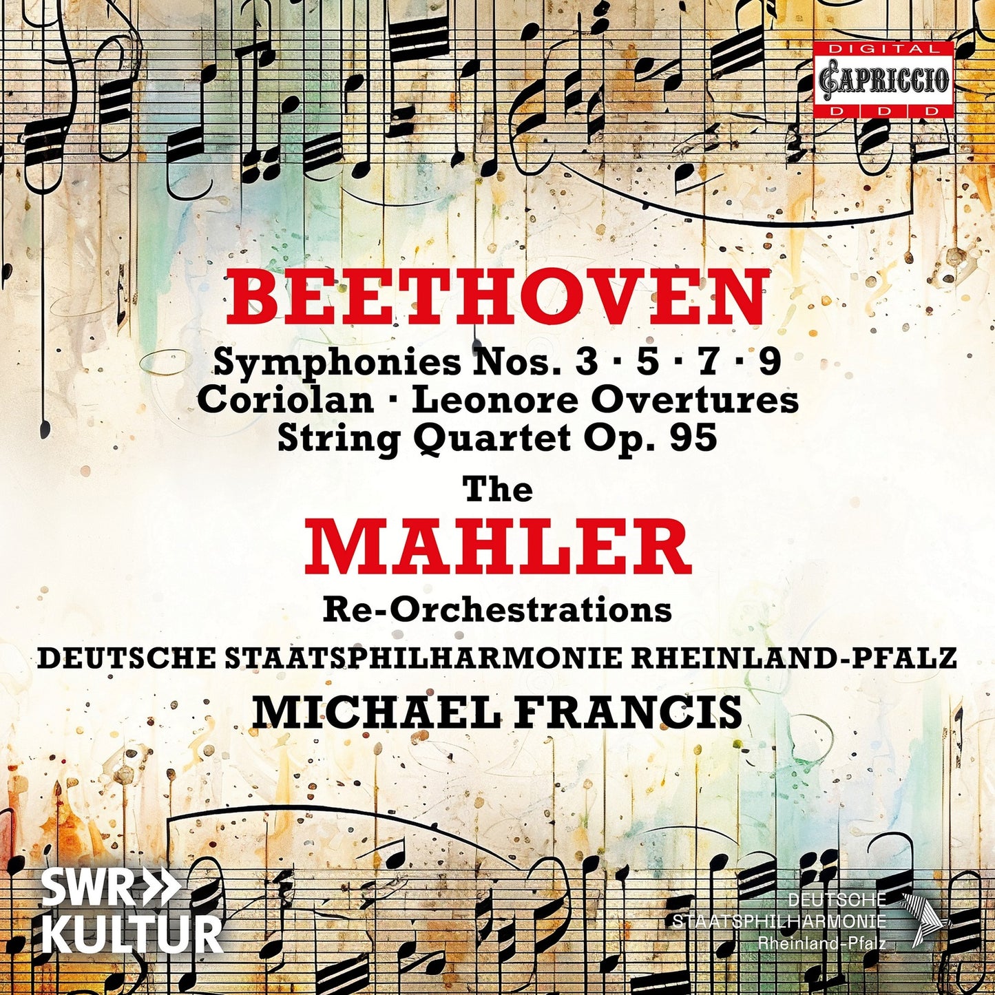 CD cover for Deutsche Staatsphilharmonie’s Mahler Re-orchestrations, colorful abstract design.