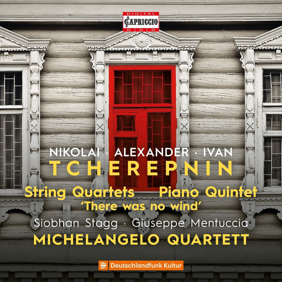 CD cover: grayscale building facade with red door, text details composers and quartet.