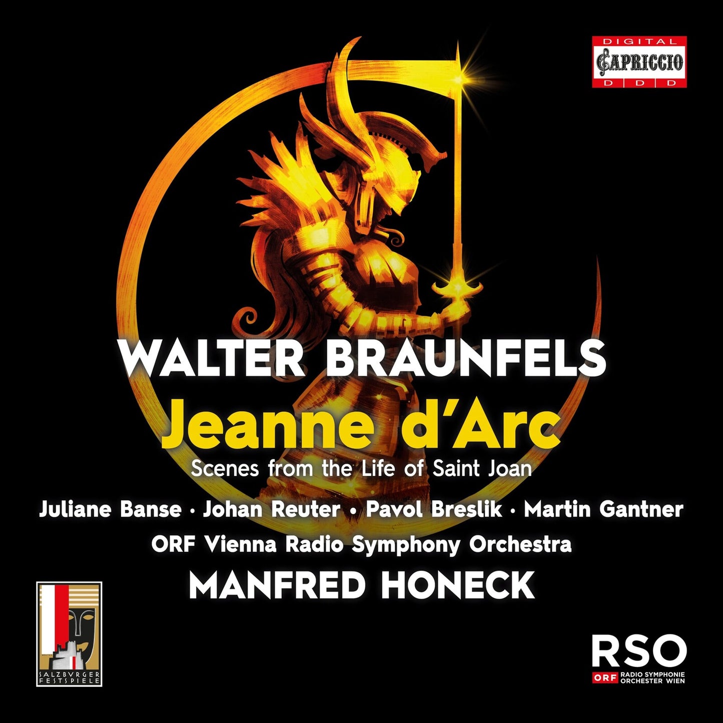 CD cover: Jeanne d'Arc, with a knight and fiery background.
